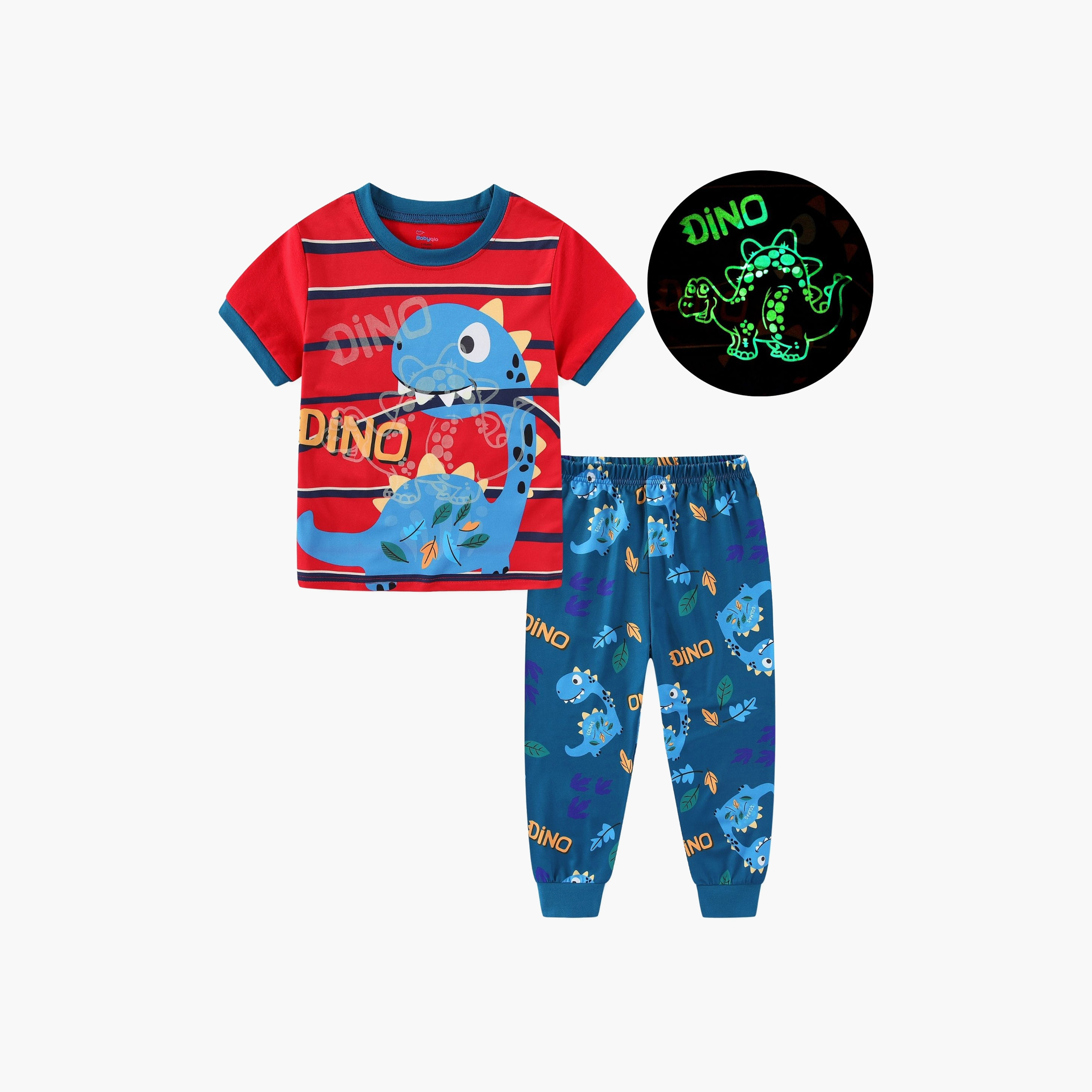تي شيرت بطبعة ديناصور أزرق ليفي جانجل تريك متوهجة في الظلام مع بنطال ركض من بيبيكلو-boys-clothing-nightwear-image-10