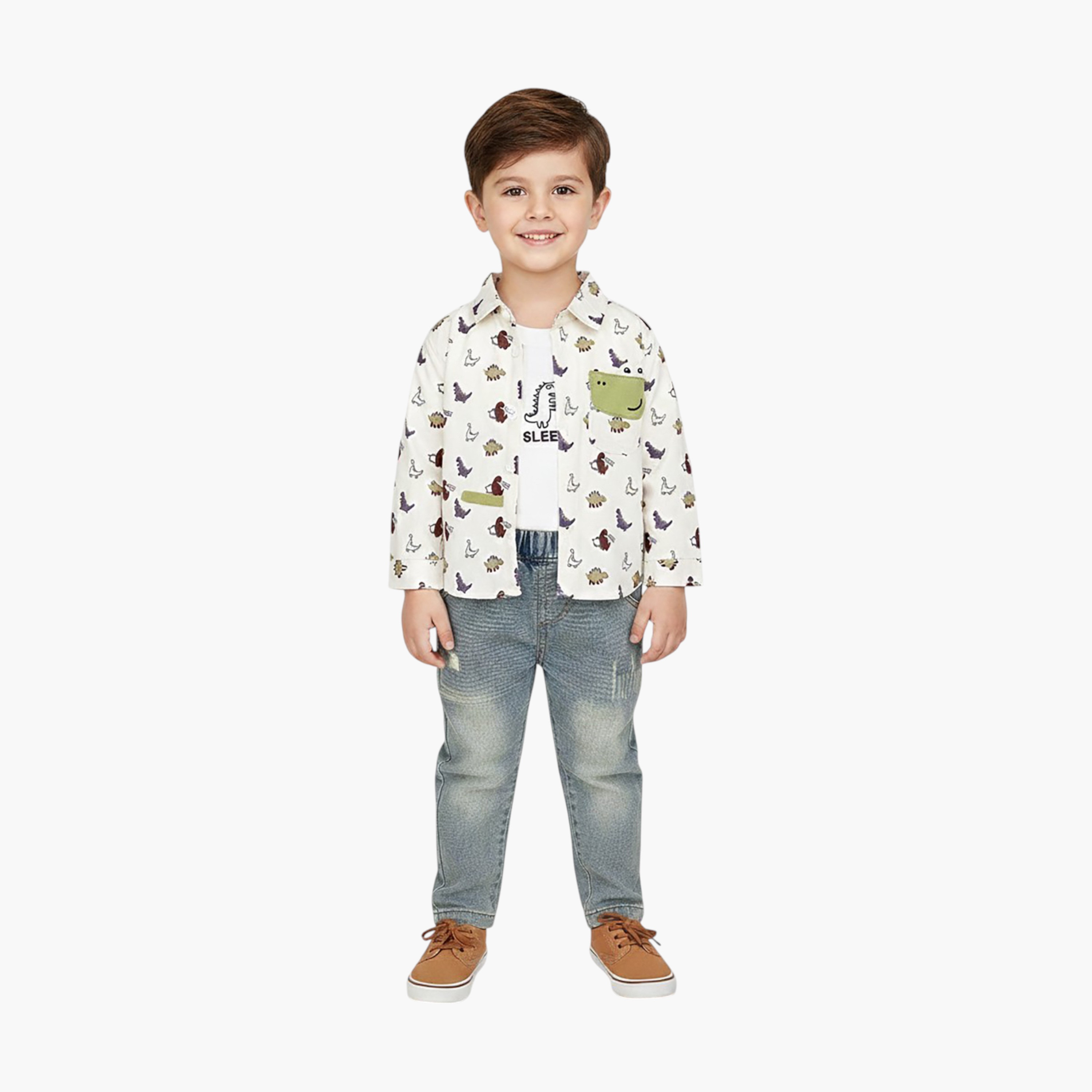 Babyqlo 3-Piece Dinosaur Printed Shirt, T-Shirt and Denim Set-boys-clothing-setsandcoords-image-1