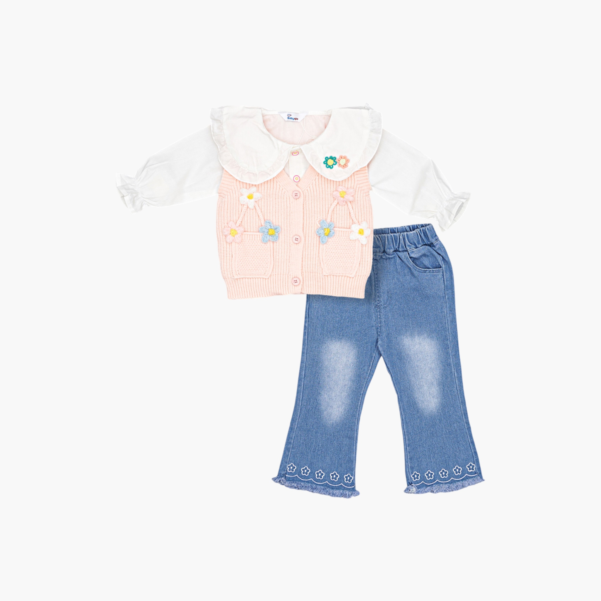 Babyqlo 3-Piece Floral Knitted Vest, Shirt and Jeans Set-girls-clothing-setsandcoords-image-3