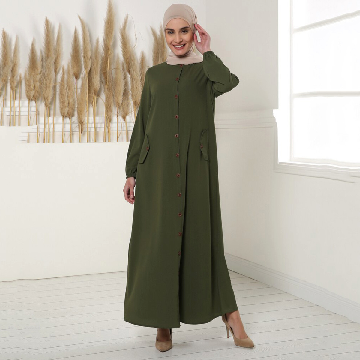 Women Solid Button Closure Abaya Tavin By Modanisa-women-arabicclothing-abayas-image-1