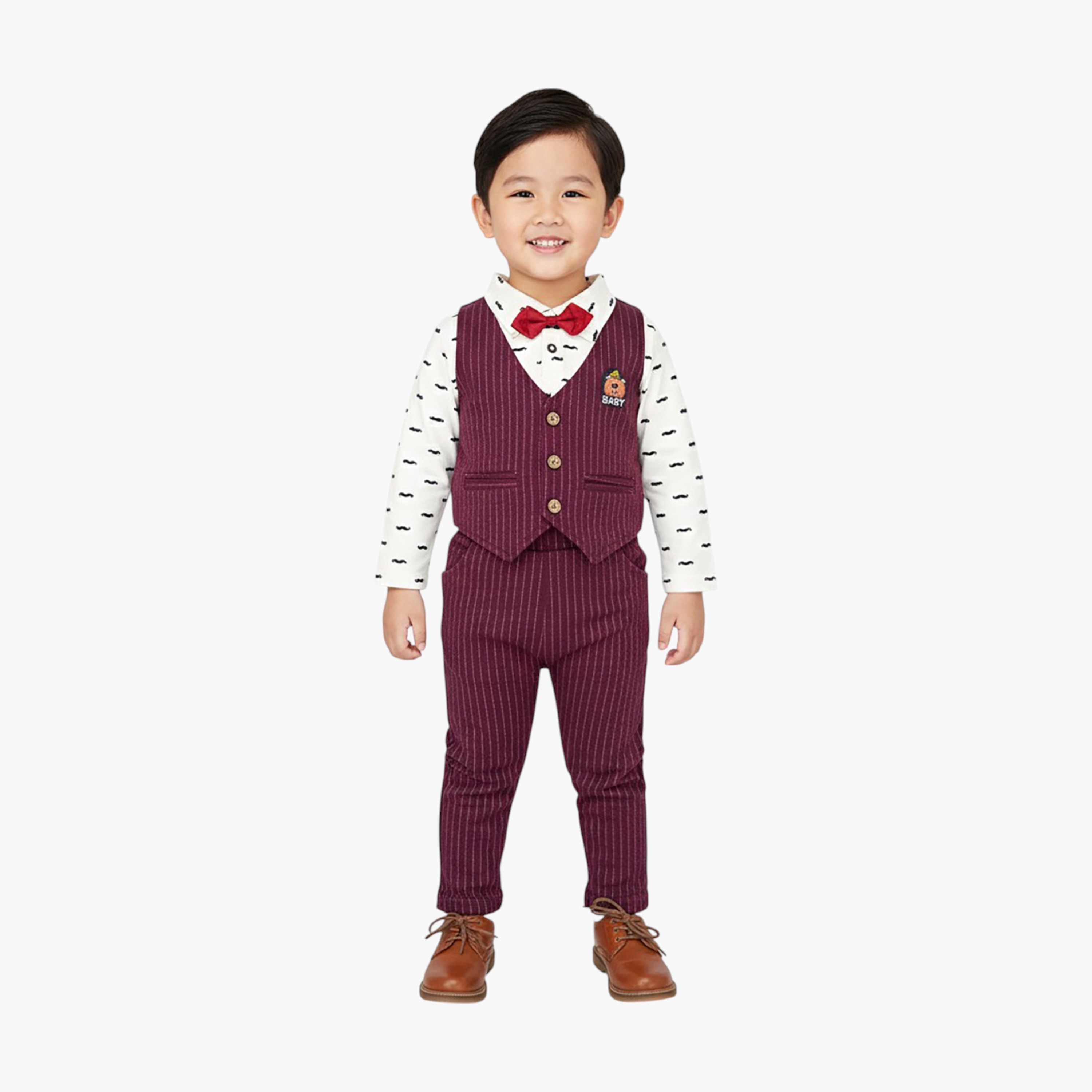 Babyqlo 3-Piece Striped Waistcoat, Mustache Printed Polo and Pants Set-boys-clothing-setsandcoords-image-1