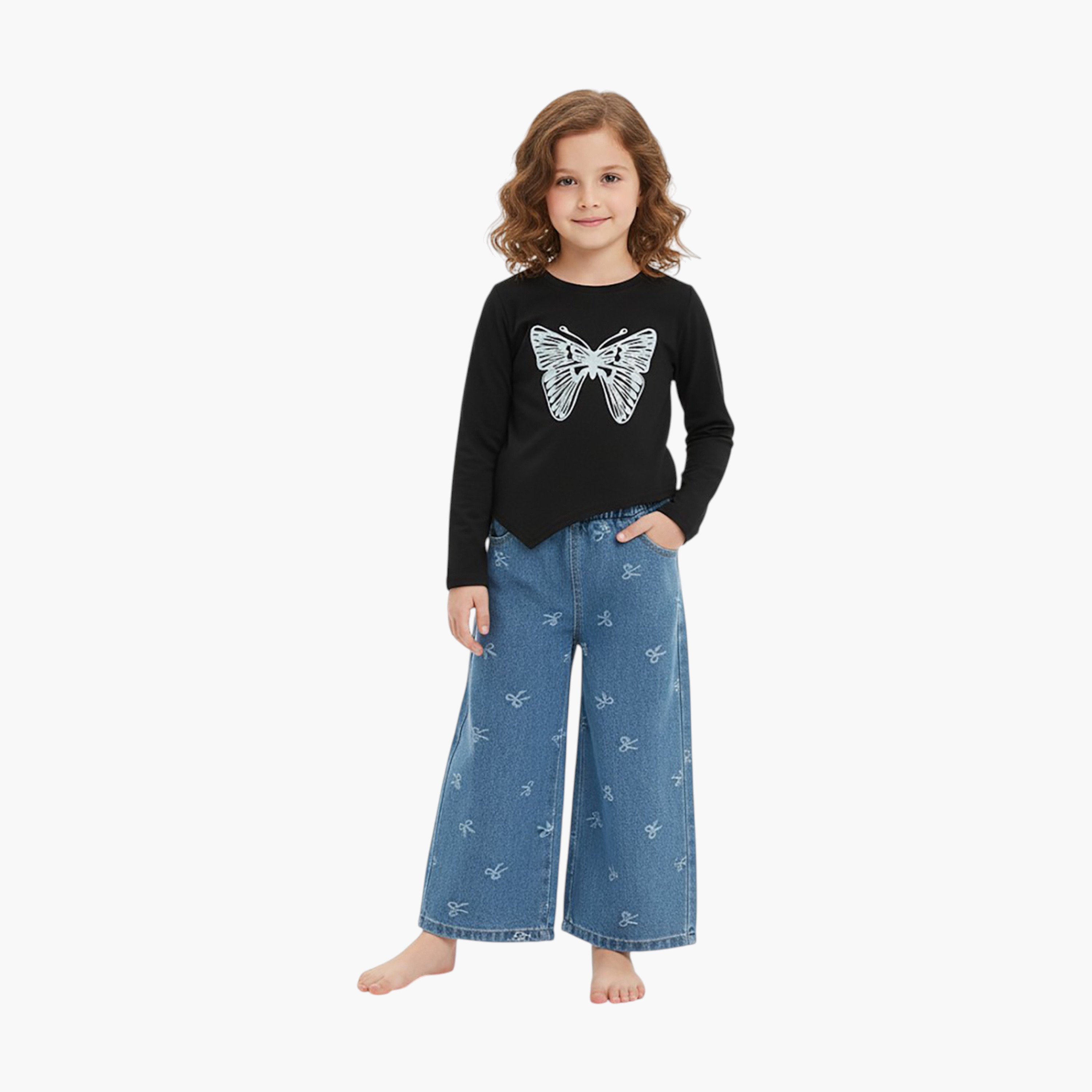 Babyqlo 2-Piece Butterfly Printed Top with Jeans-girls-clothing-setsandcoords-image-1
