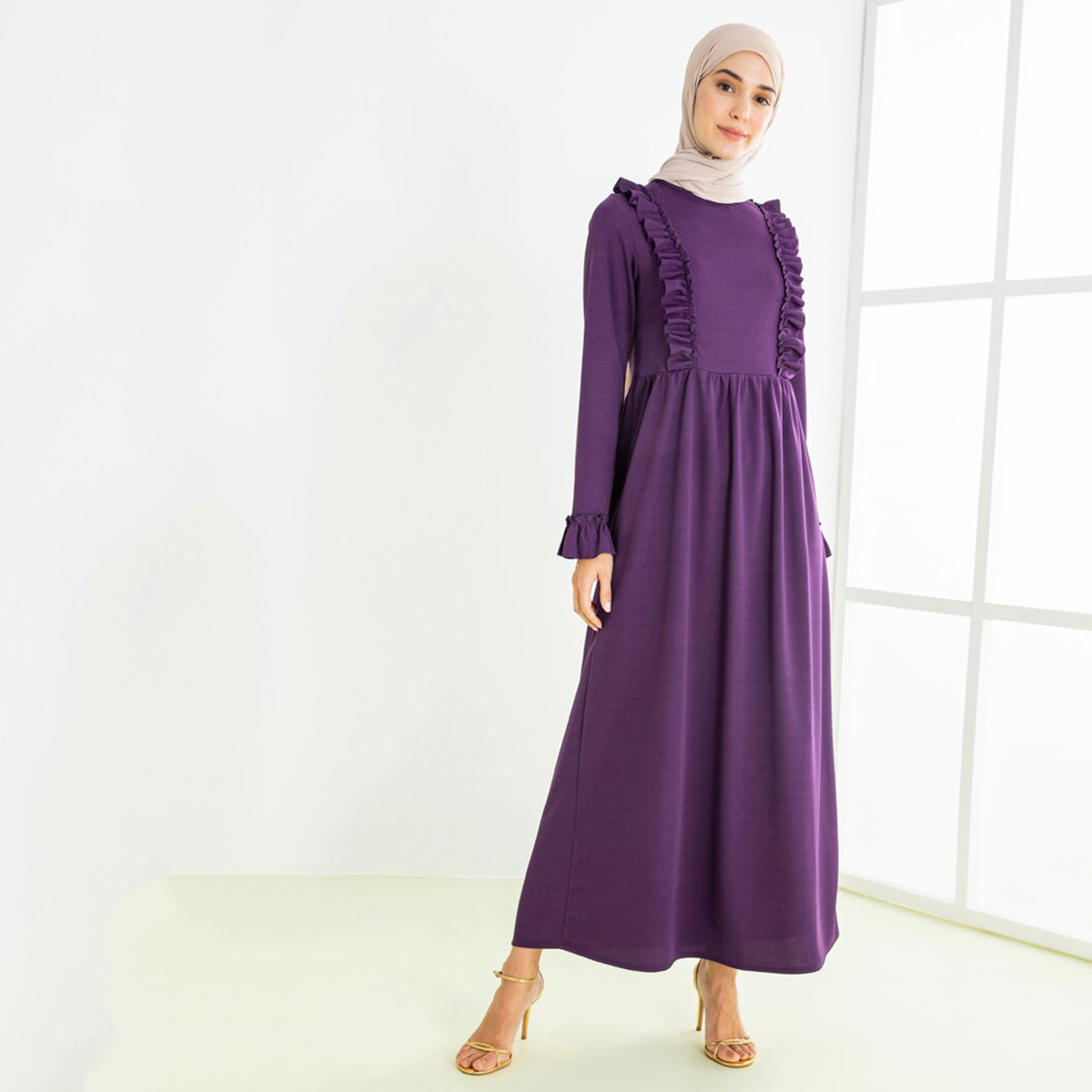 Women Ruffle Round Neck Maxi Dress ZENANE By Modanisa-women-clothing-dresses-image-1
