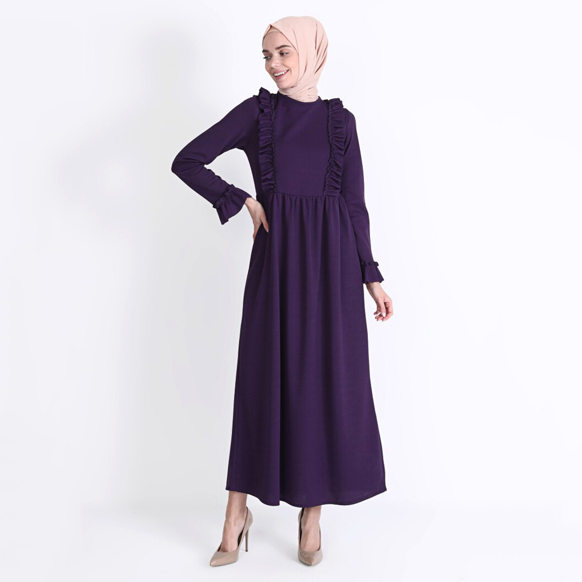 Women Ruffle Round Neck Maxi Dress ZENANE By Modanisa-women-clothing-dresses-image-2