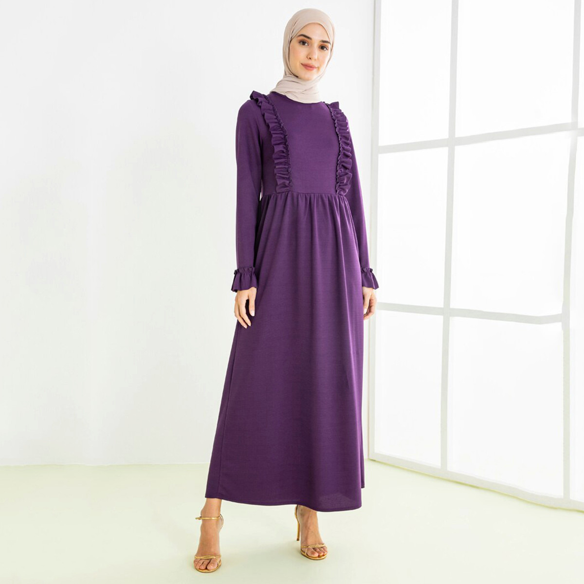 Women Ruffle Round Neck Maxi Dress ZENANE By Modanisa-women-clothing-dresses-image-5