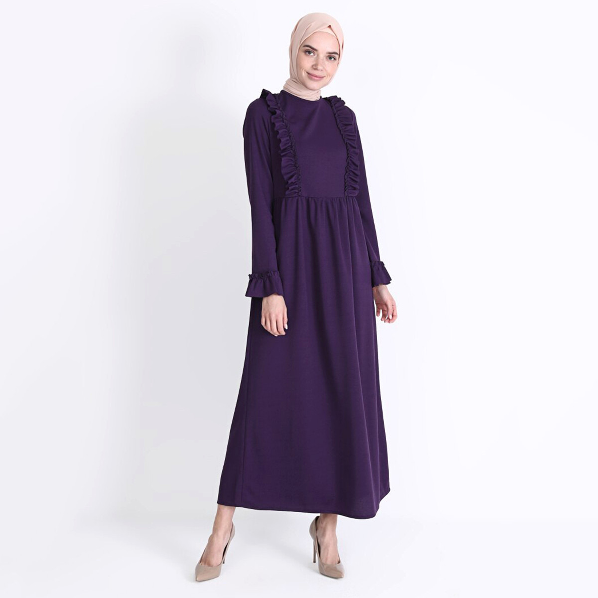 Women Ruffle Round Neck Maxi Dress ZENANE By Modanisa-women-clothing-dresses-image-8
