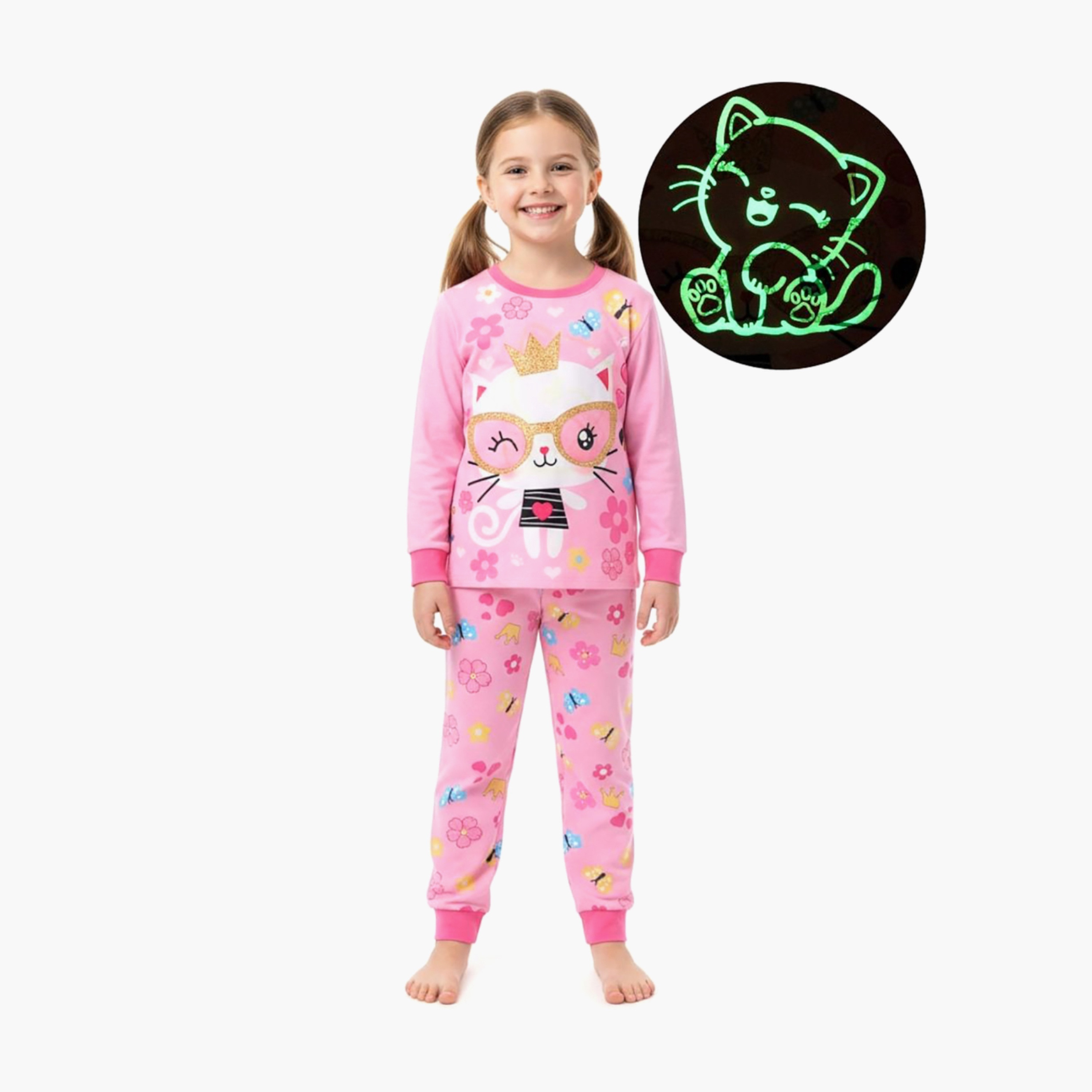 Babyqlo 2-Piece Cat Princess Printed Glow in the Dark Pyjama Set-girls-clothing-setsandcoords-image-1