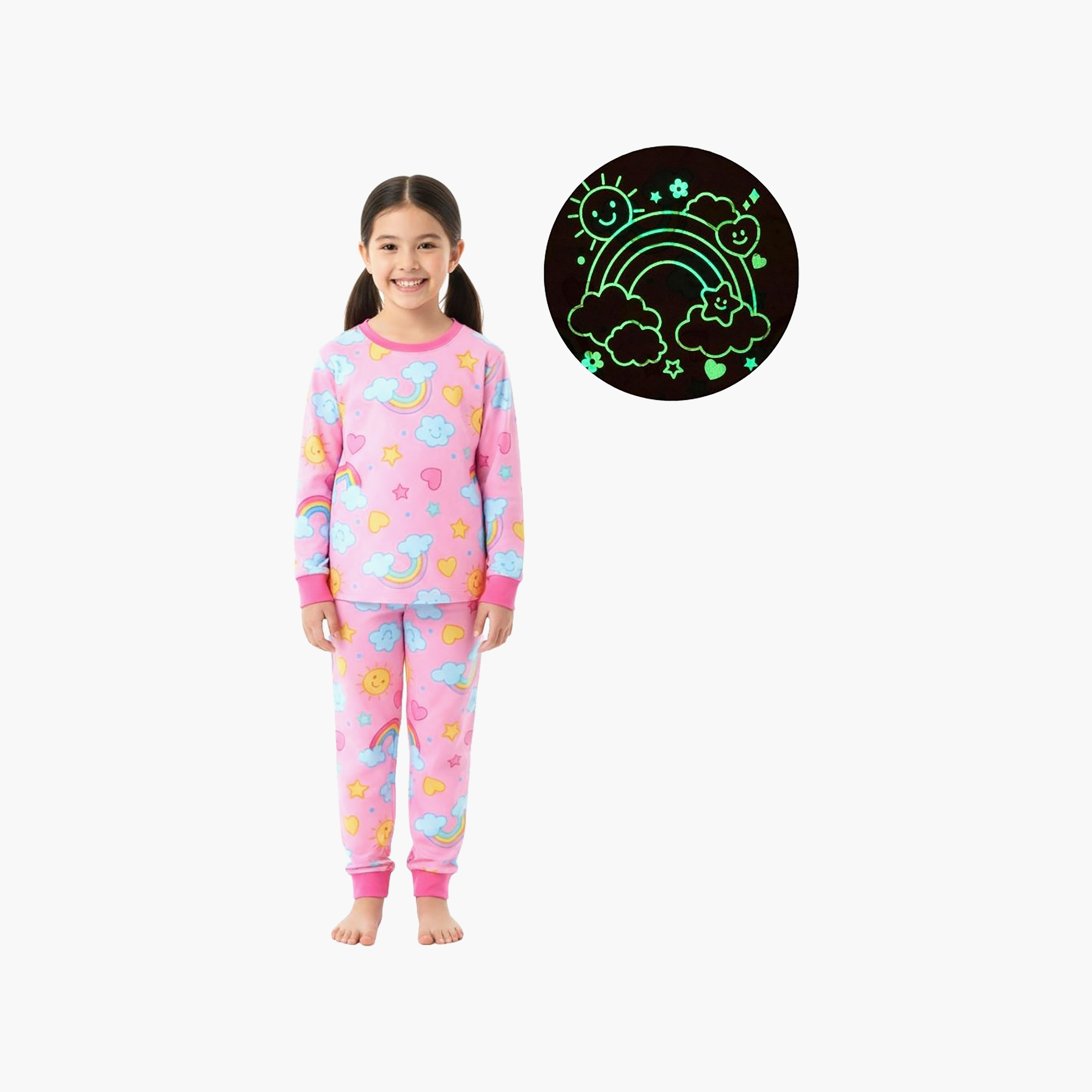 Babyqlo 2-Piece Rainbow and Clouds Printed Glow in the Dark Pyjama Set-girls-clothing-setsandcoords-image-1