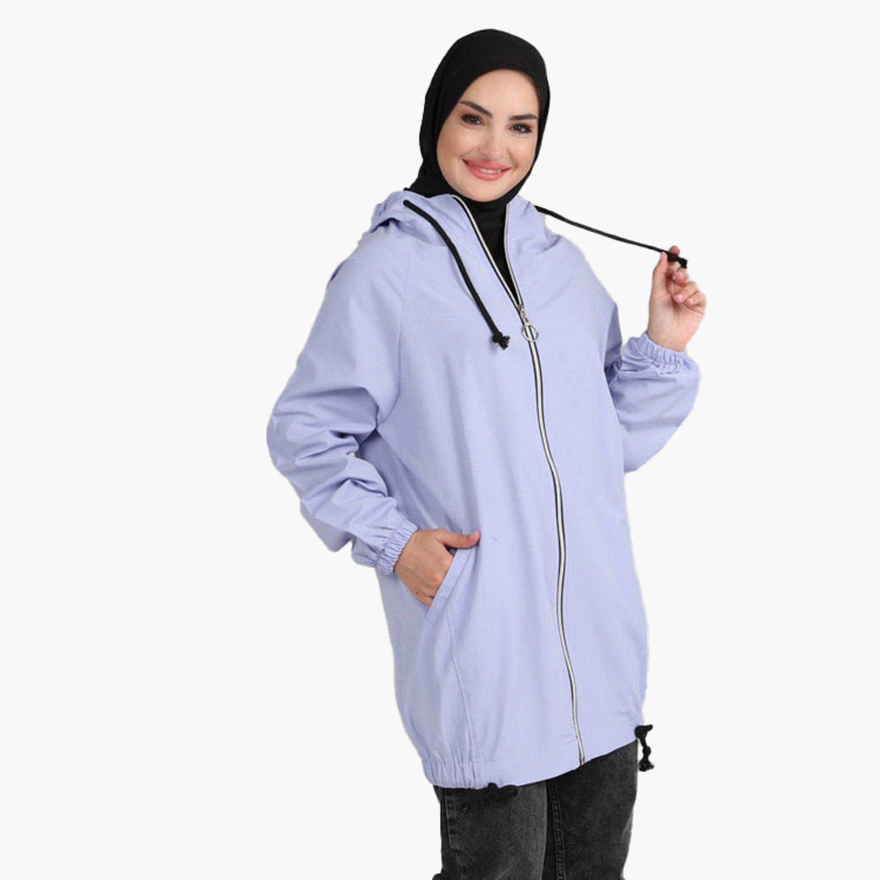 جاكيت طويل بغطاء للرأس وسحاب كامل سادة من مودانيسا-women-winterwear-coatsandjackets-jackets-image-1