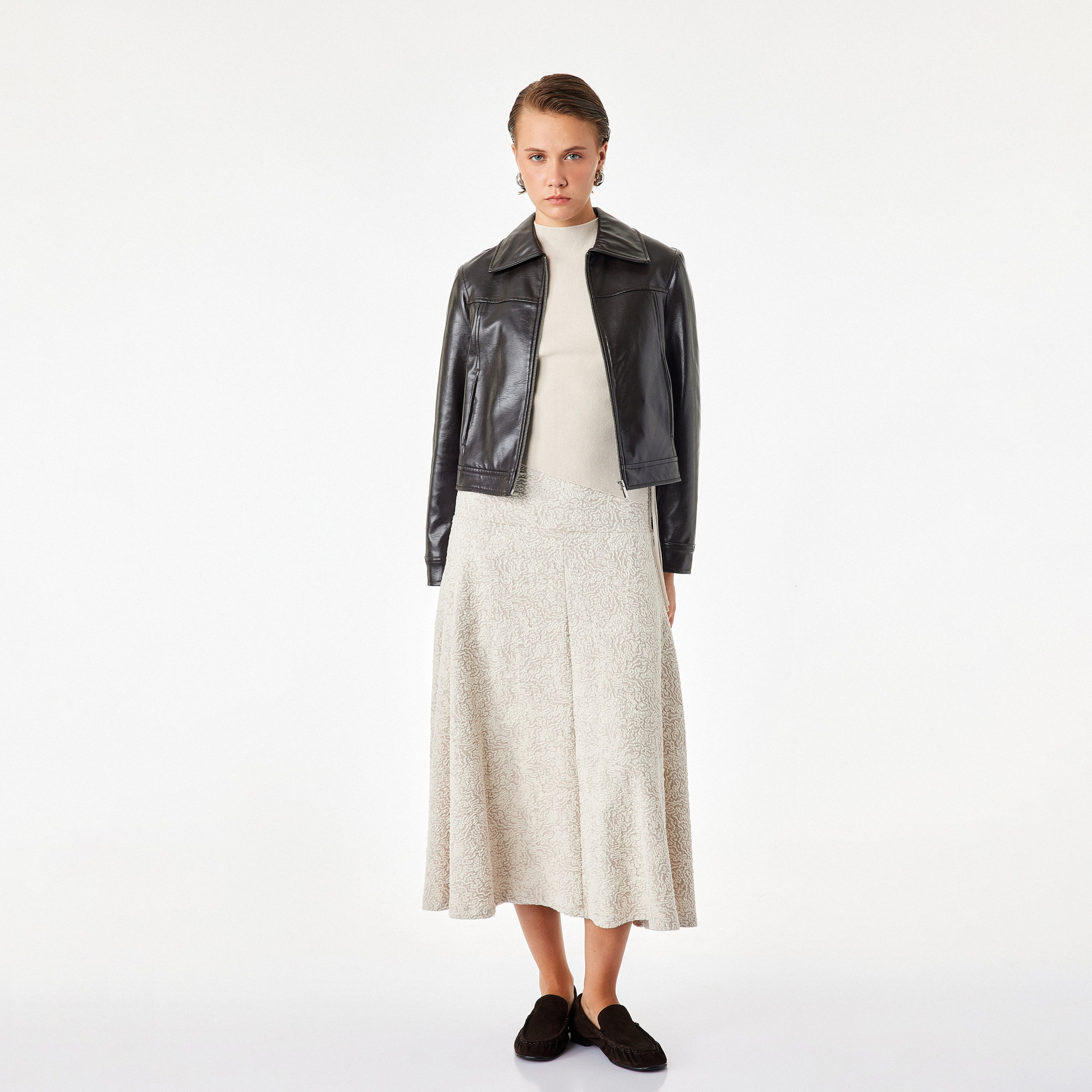 KOTON Beige Abstract Textured High-Rise Flared Women's Skirt-women-clothing-skirts-image-2