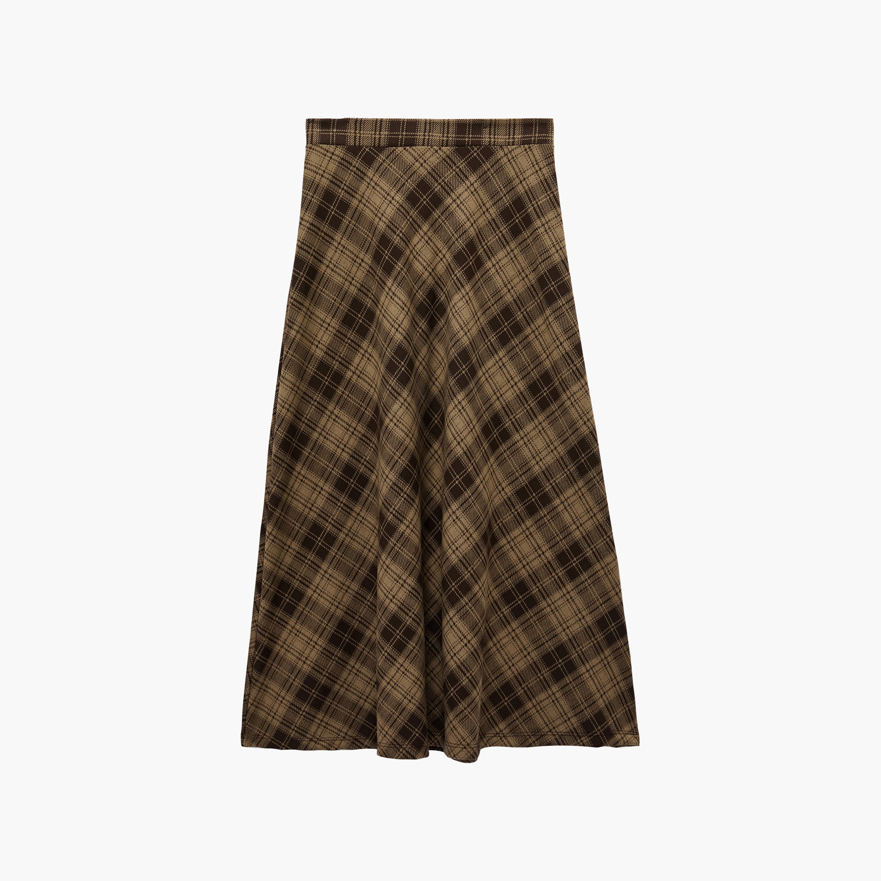 تنورة حريمي بخصر مرتفع وقصة واسعة (فلير) بنقشة مربعات باللون البني من كوتون-women-clothing-skirts-image-1