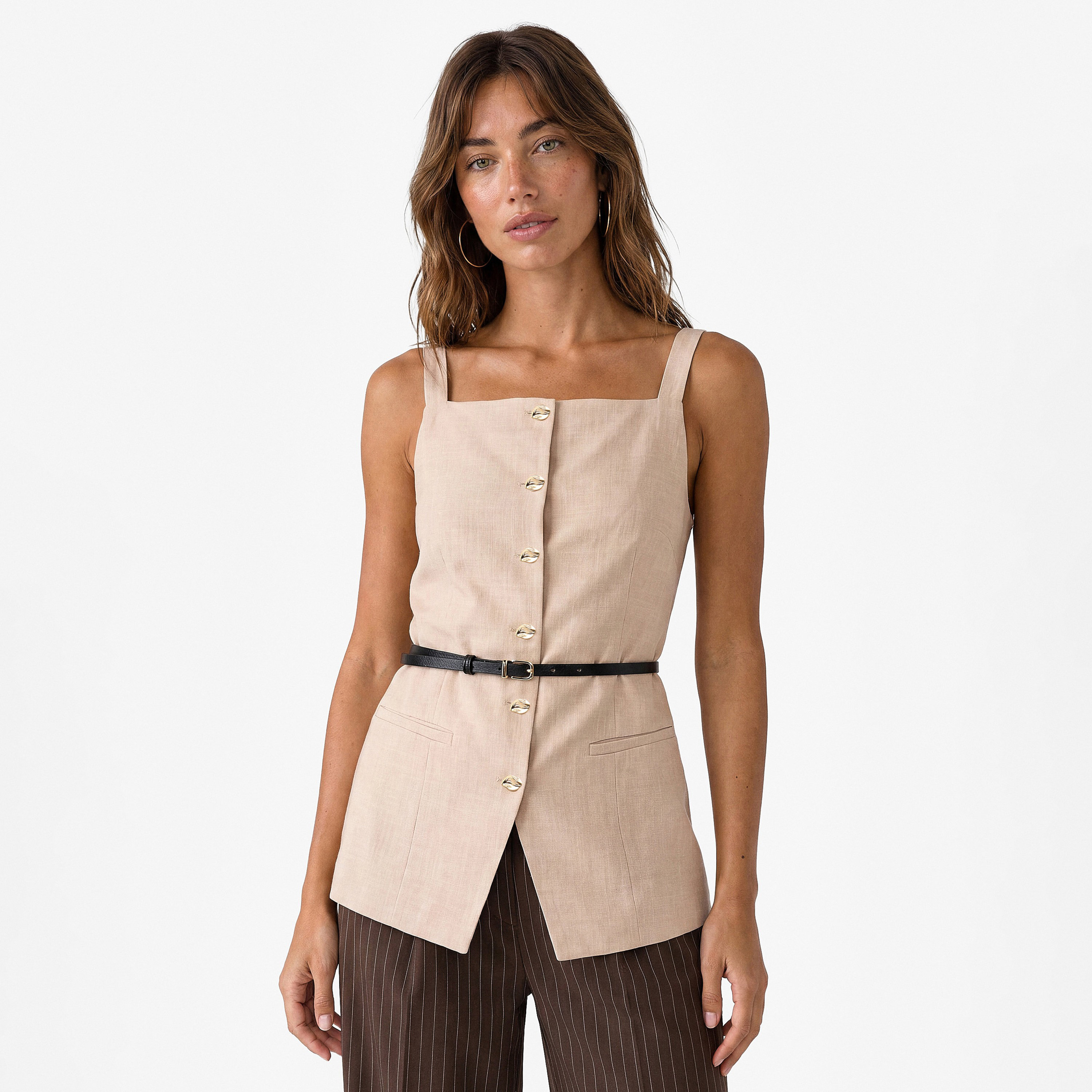 صديري (فيست) حريمي بفتحة رقبة مربعة باللون البيج من كوتون-women-winterwear-coatsandjackets-waistcoats-image-1