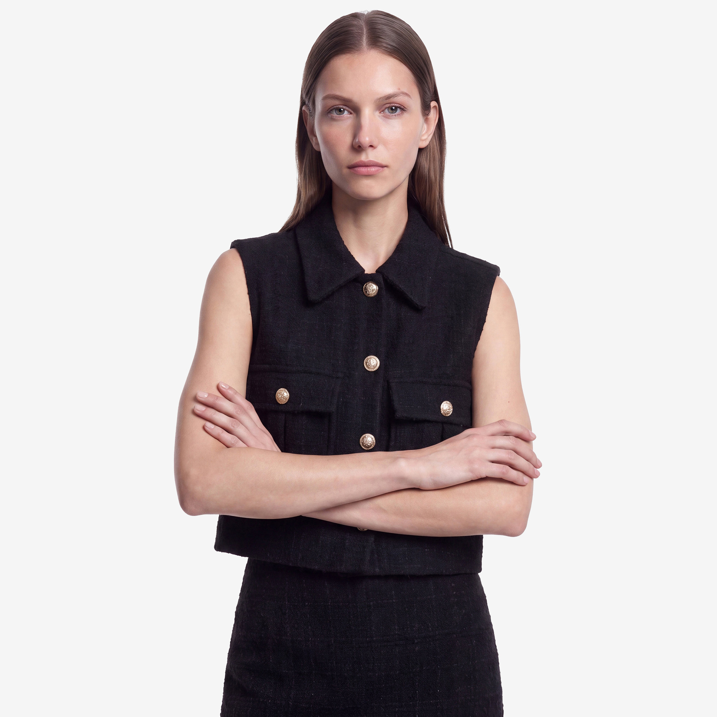 صديري (فيست) تويد حريمي بياقة باللون الأسود من كوتون-women-winterwear-coatsandjackets-waistcoats-image-1