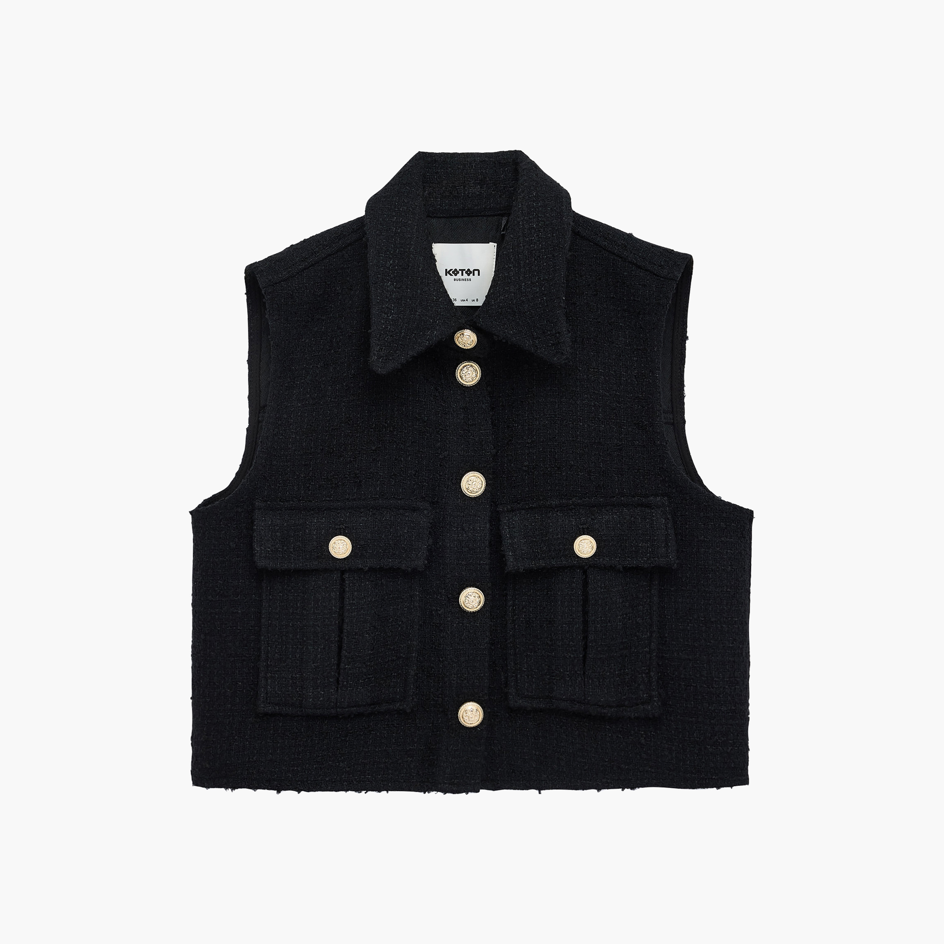 صديري (فيست) تويد حريمي بياقة باللون الأسود من كوتون-women-winterwear-coatsandjackets-waistcoats-image-3