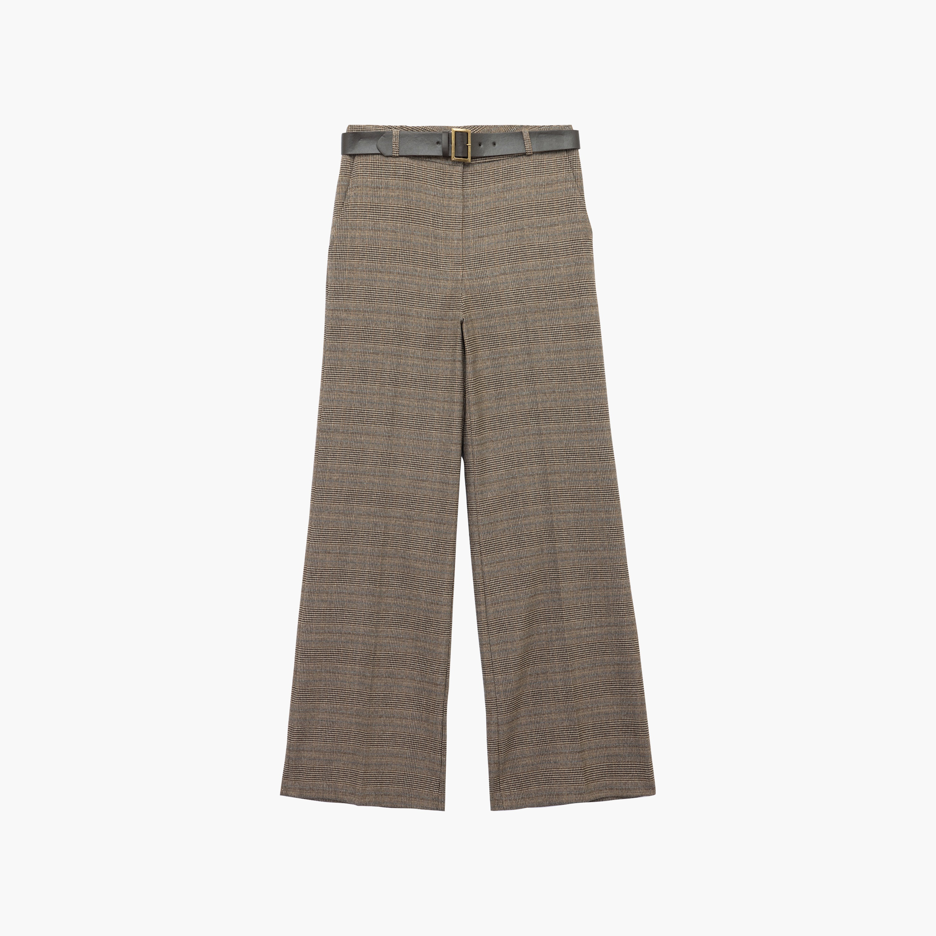 بنطال حريمي بقصة أرجل واسعة ونقشة مربعات باللون البني من كوتون-women-clothing-trousers-image-4