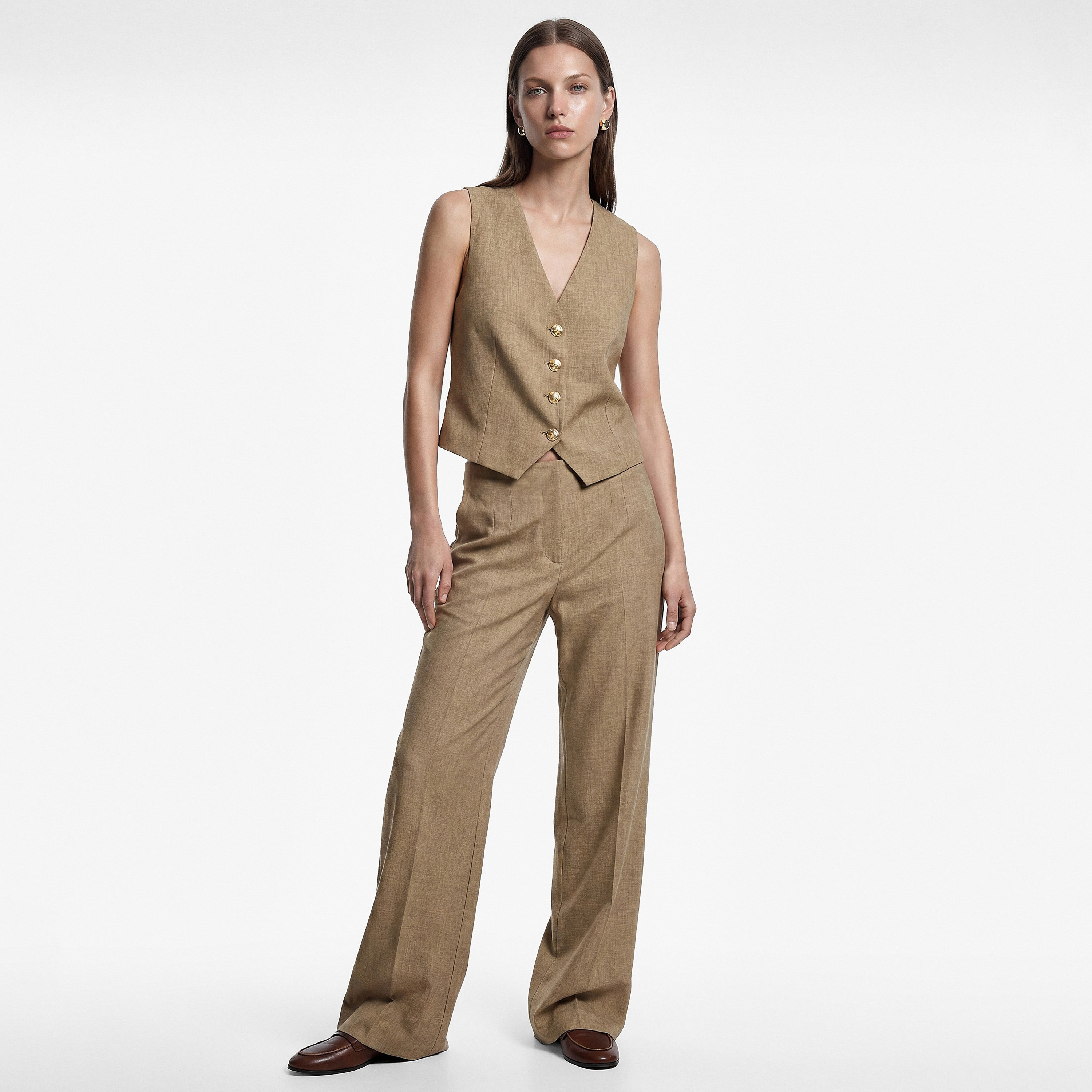 KOTON Beige Wide Leg Women's Trousers-women-clothing-trousers-image-2