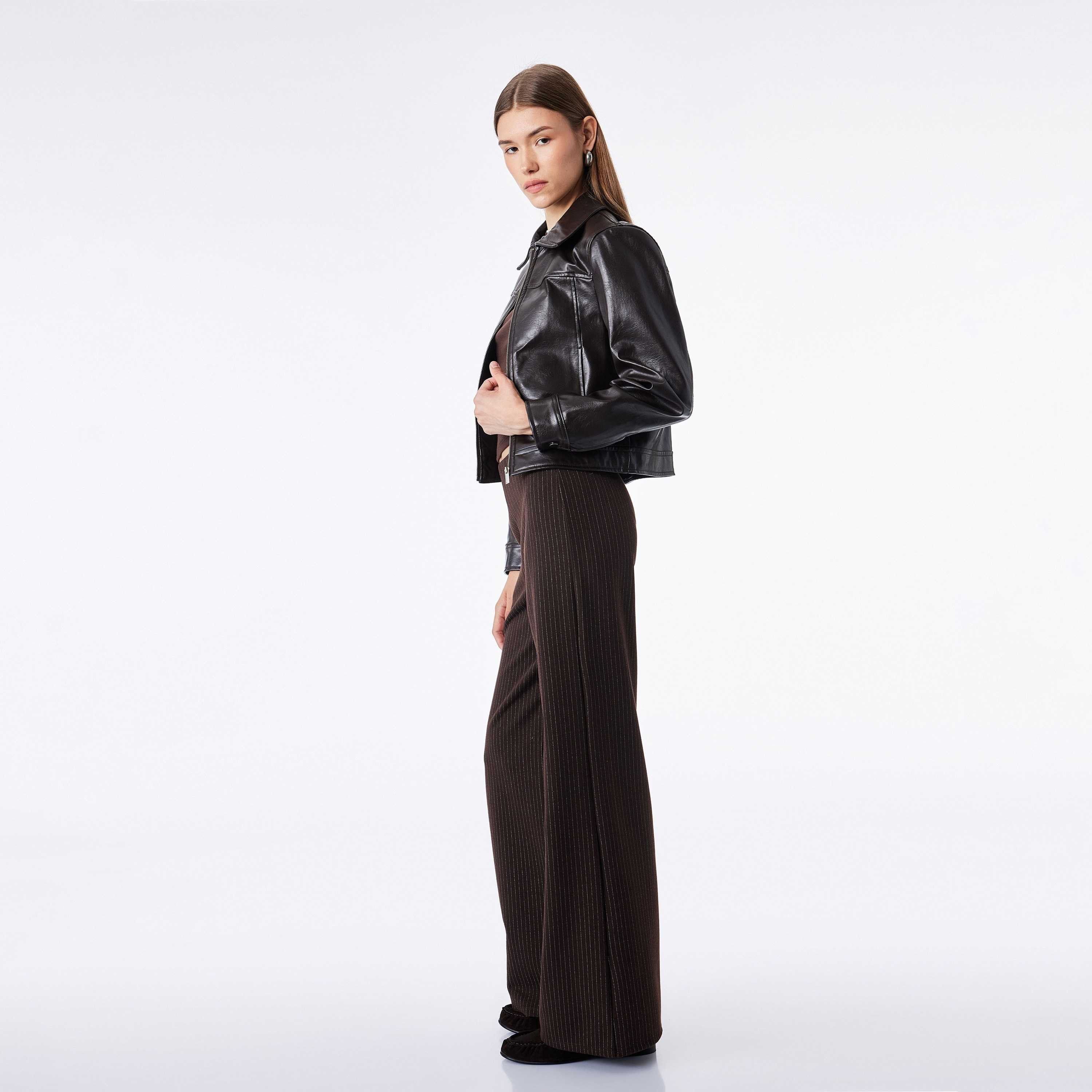 KOTON Dark Brown Striped Bootcut Women's Trousers-women-clothing-trousers-image-2