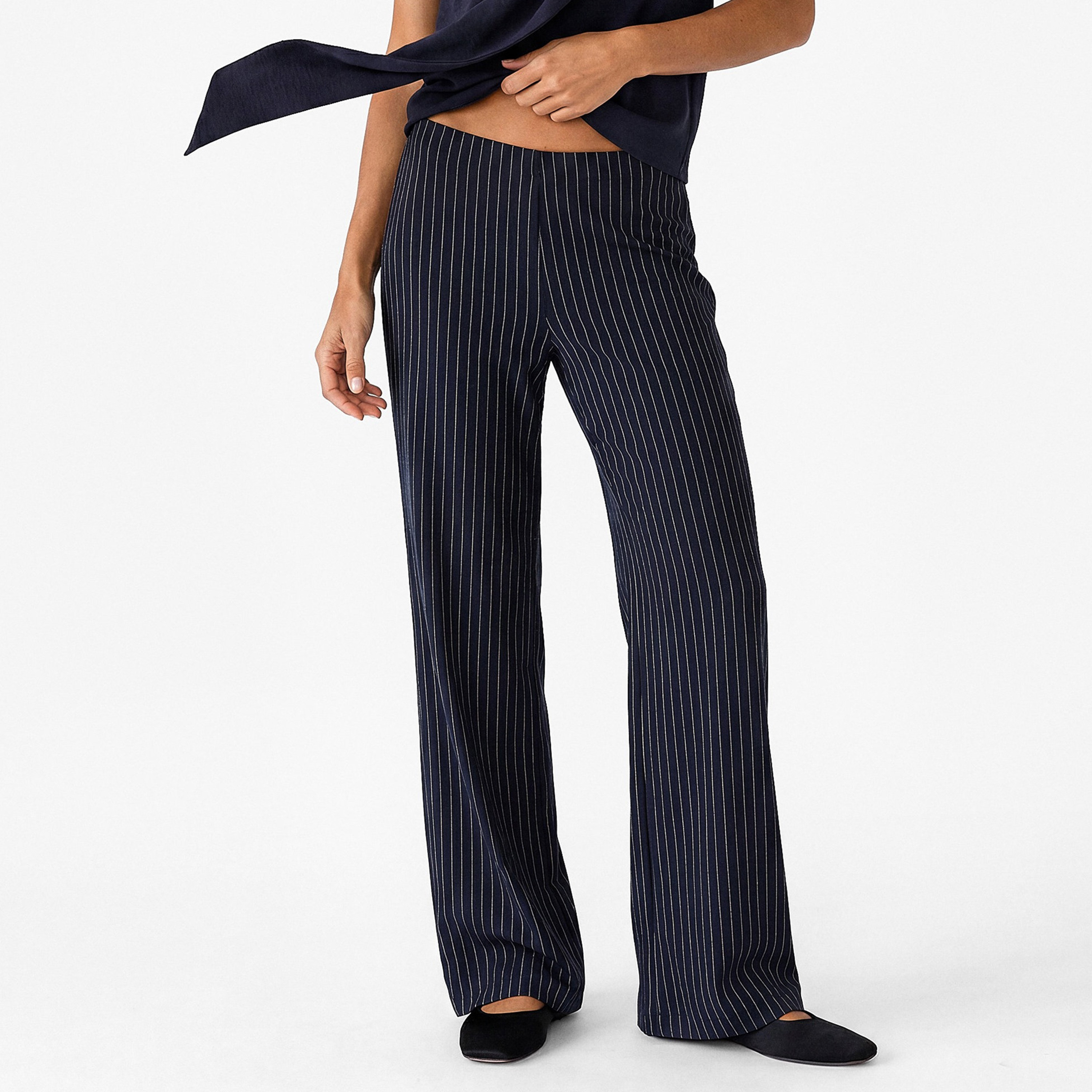 KOTON Navy Blue Striped Wide Leg Women's Trousers-women-clothing-trousers-image-1