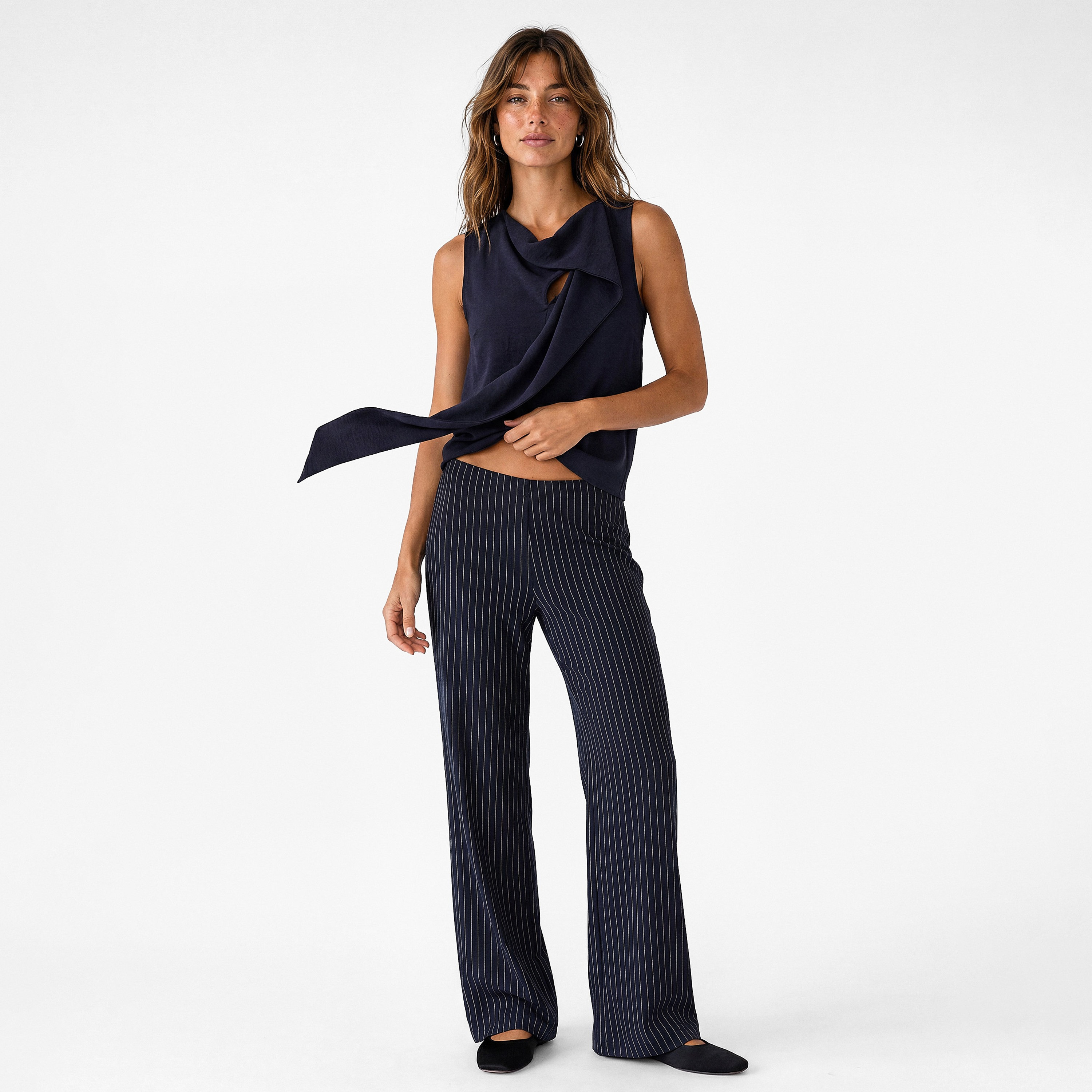 KOTON Navy Blue Striped Wide Leg Women's Trousers-women-clothing-trousers-image-2
