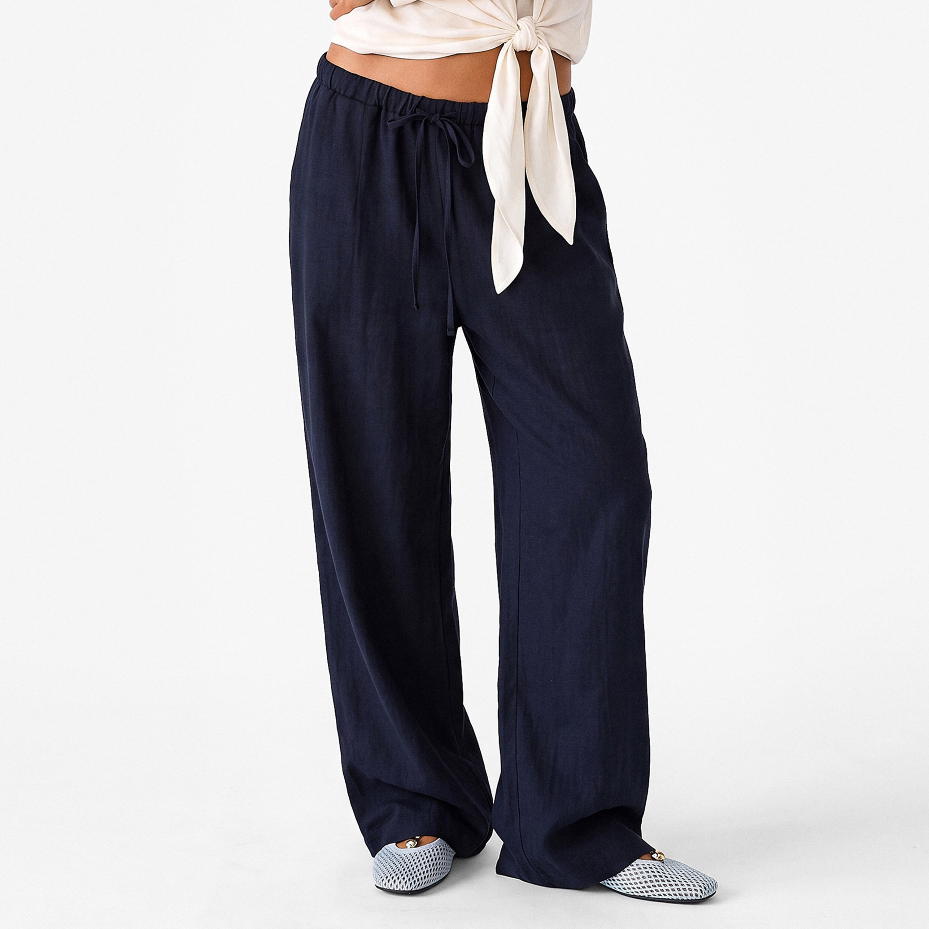 KOTON Navy Blue Drawstring Waist Wide Leg Women's Trousers-women-clothing-trousers-image-1