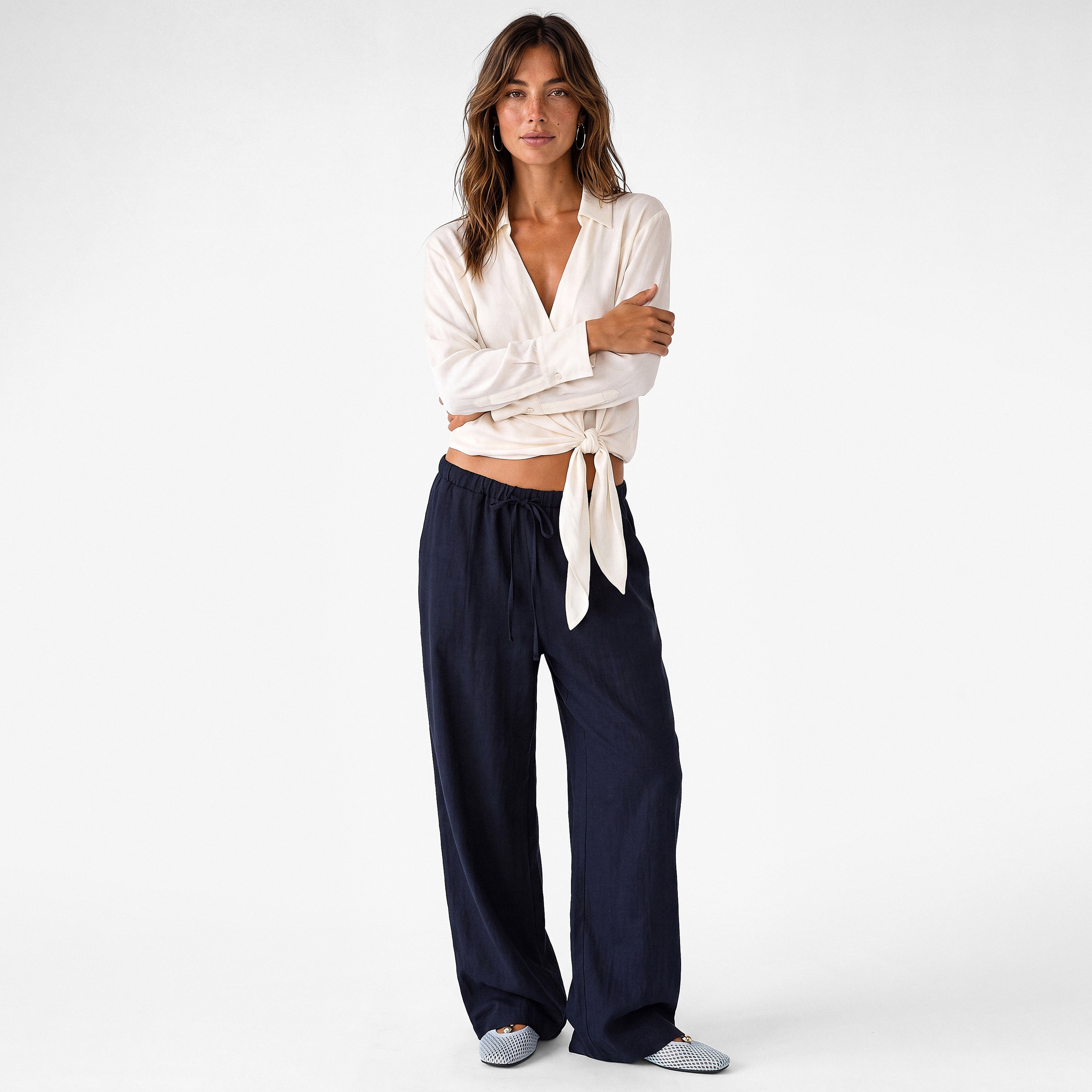KOTON Navy Blue Drawstring Waist Wide Leg Women's Trousers-women-clothing-trousers-image-2