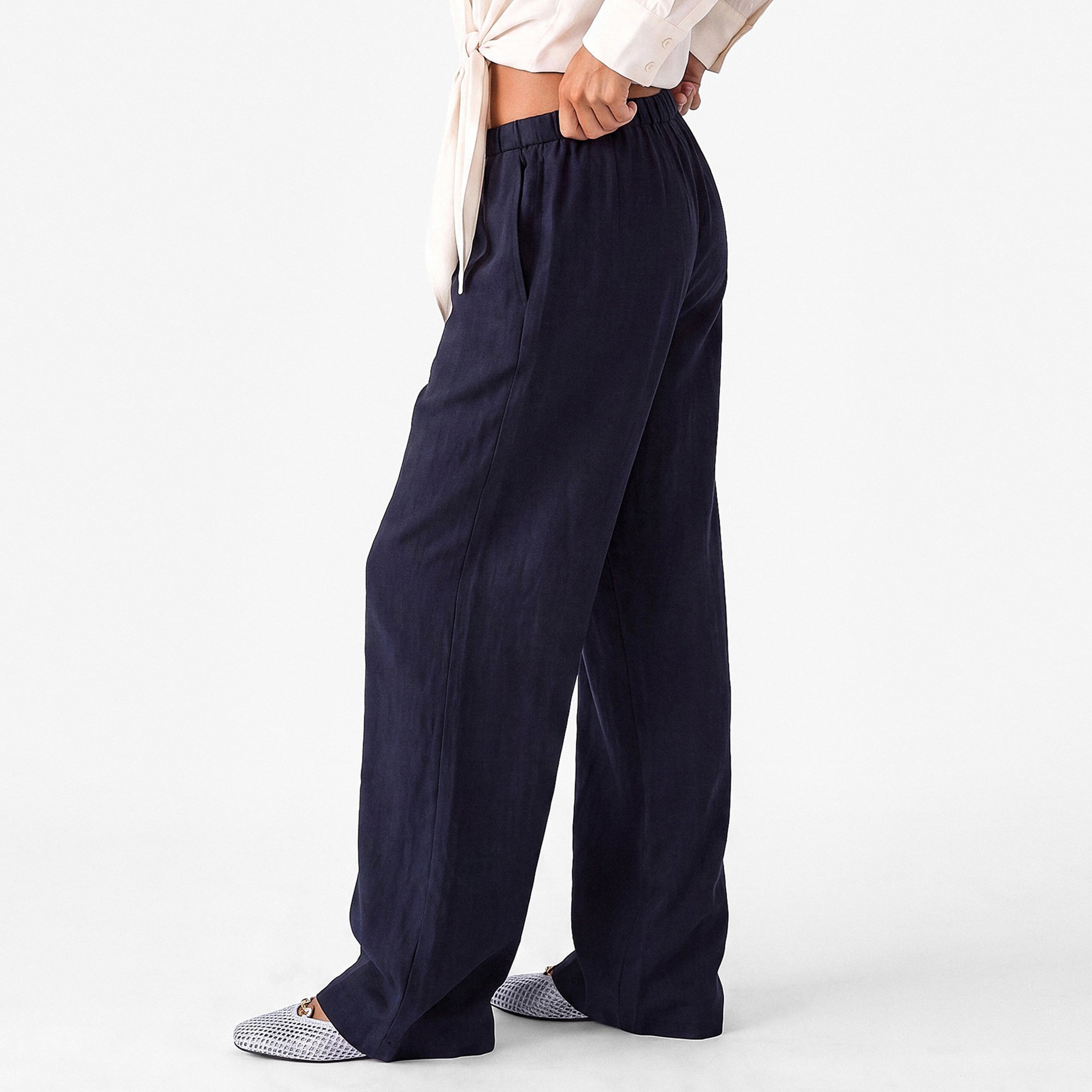 KOTON Navy Blue Drawstring Waist Wide Leg Women's Trousers-women-clothing-trousers-image-3