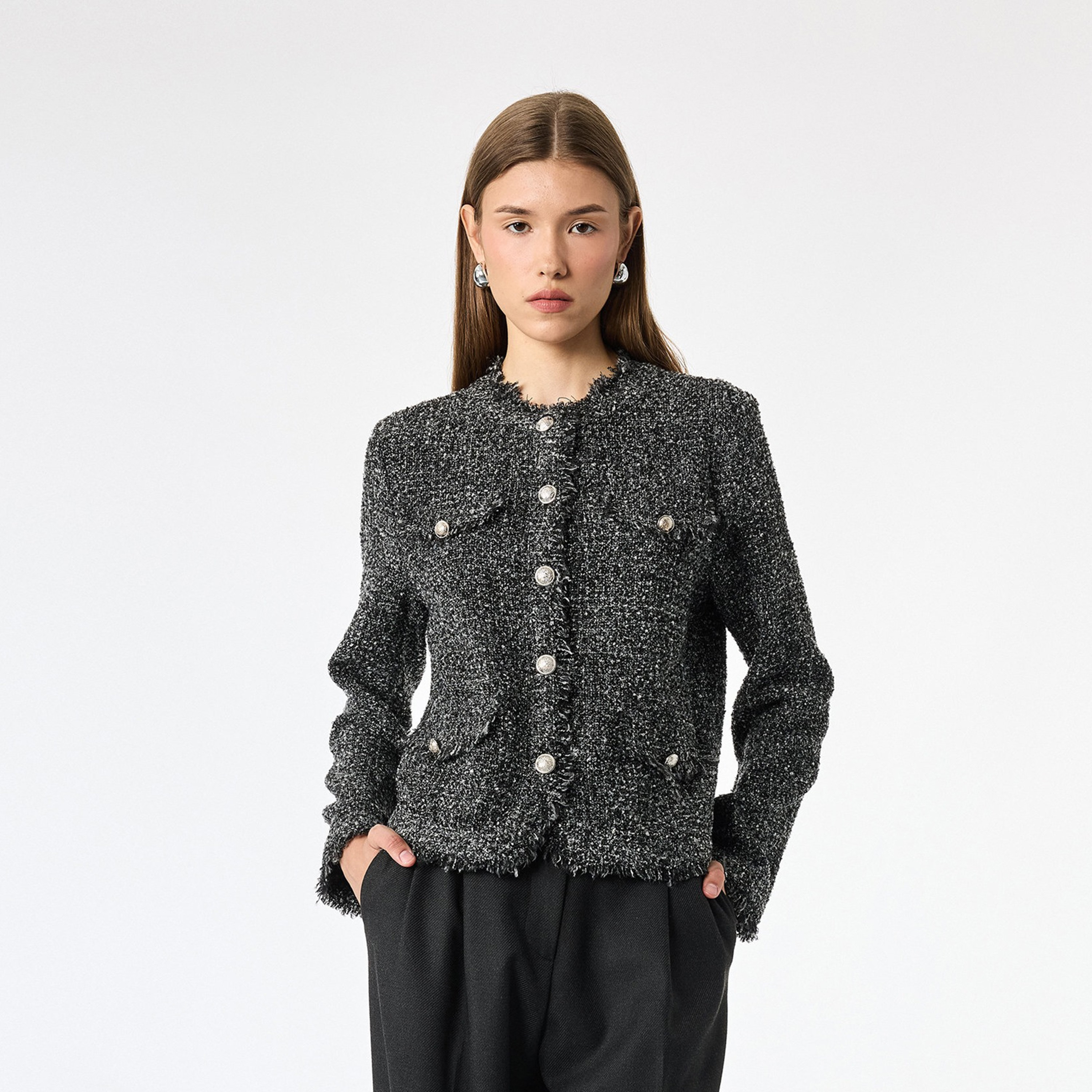 جاكيت تويد حريمي باللون الرمادي الفحمي من كوتون-women-winterwear-coatsandjackets-jackets-image-1