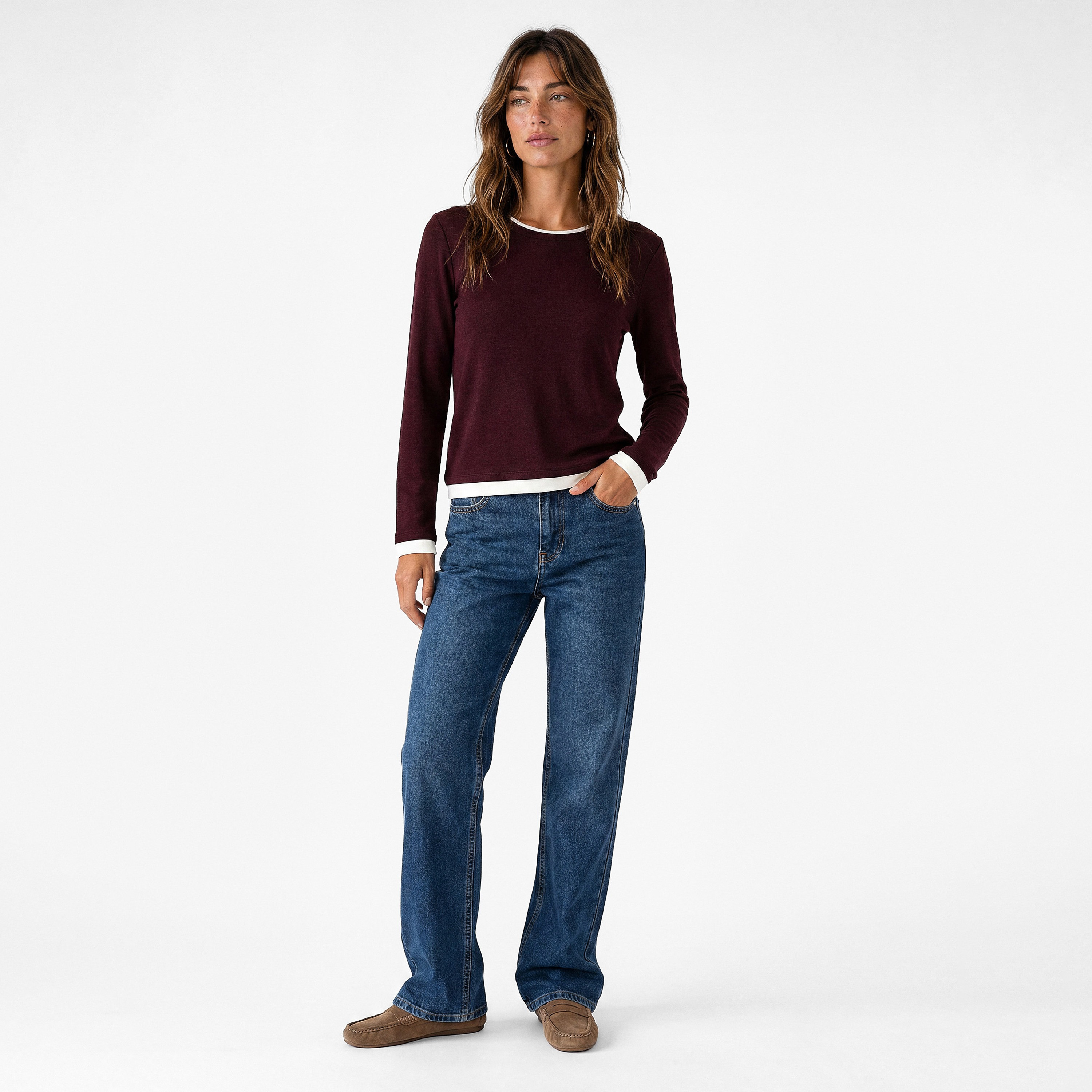 تيشيرت حريمي بشرائط تحديد مباينة من كوتون-women-clothing-tshirts-image-5