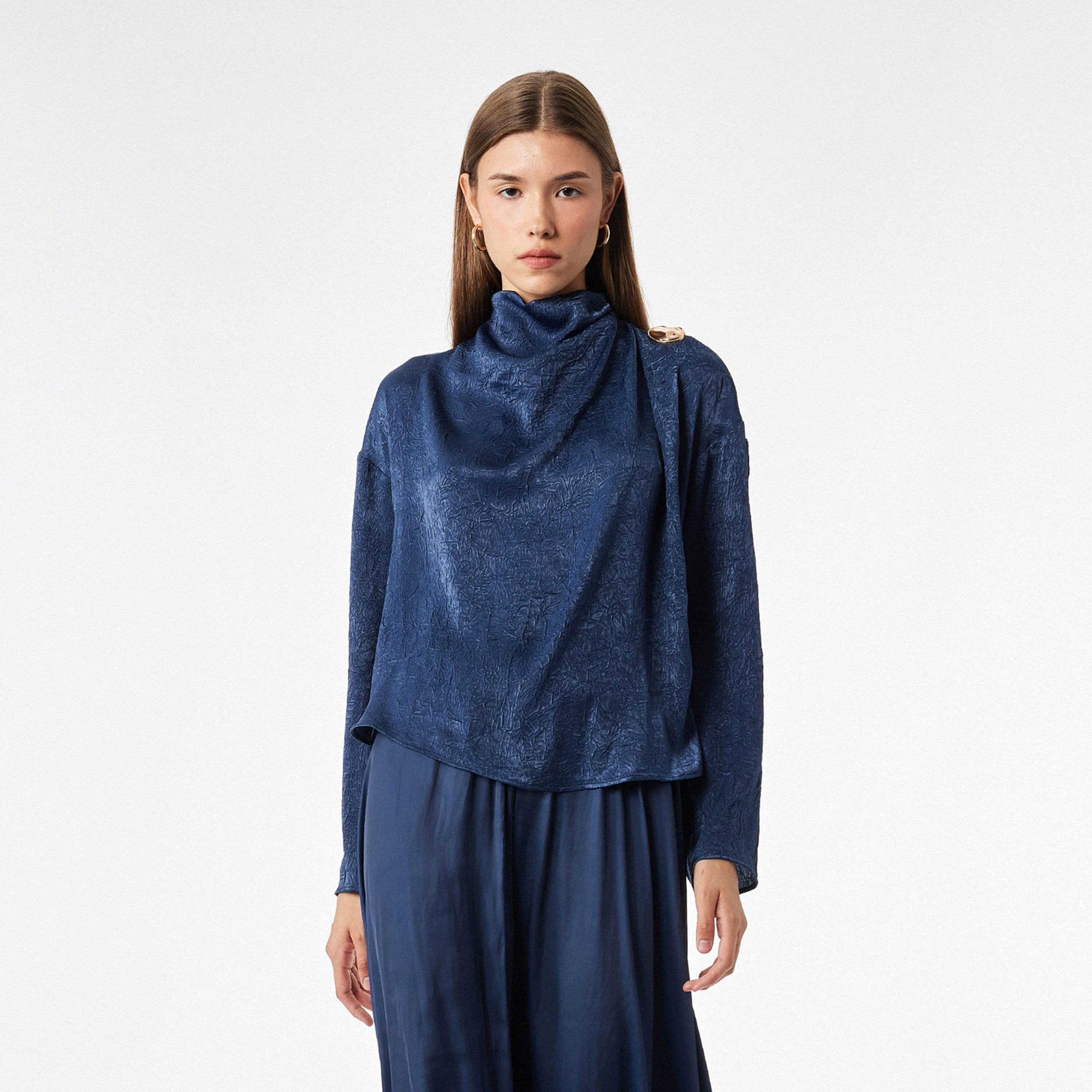 KOTON Navy Blue Crinkled High Neck Dropped Sleeves Women's Top-women-clothing-shirtsandblouses-blouses-image-1