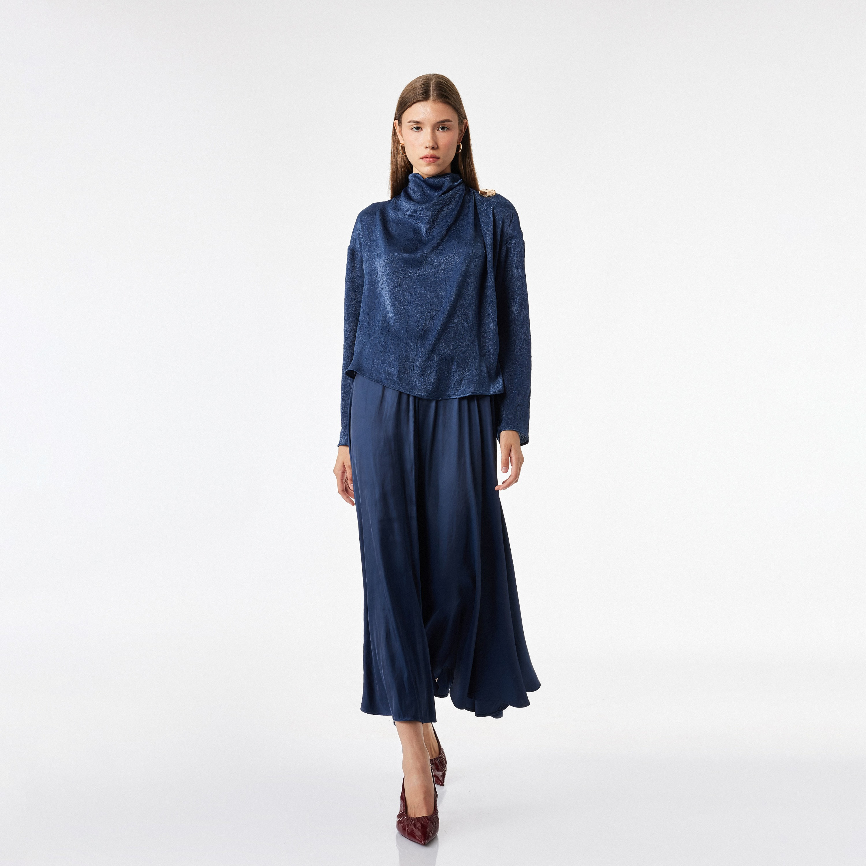 KOTON Navy Blue Crinkled High Neck Dropped Sleeves Women's Top-women-clothing-shirtsandblouses-blouses-image-2