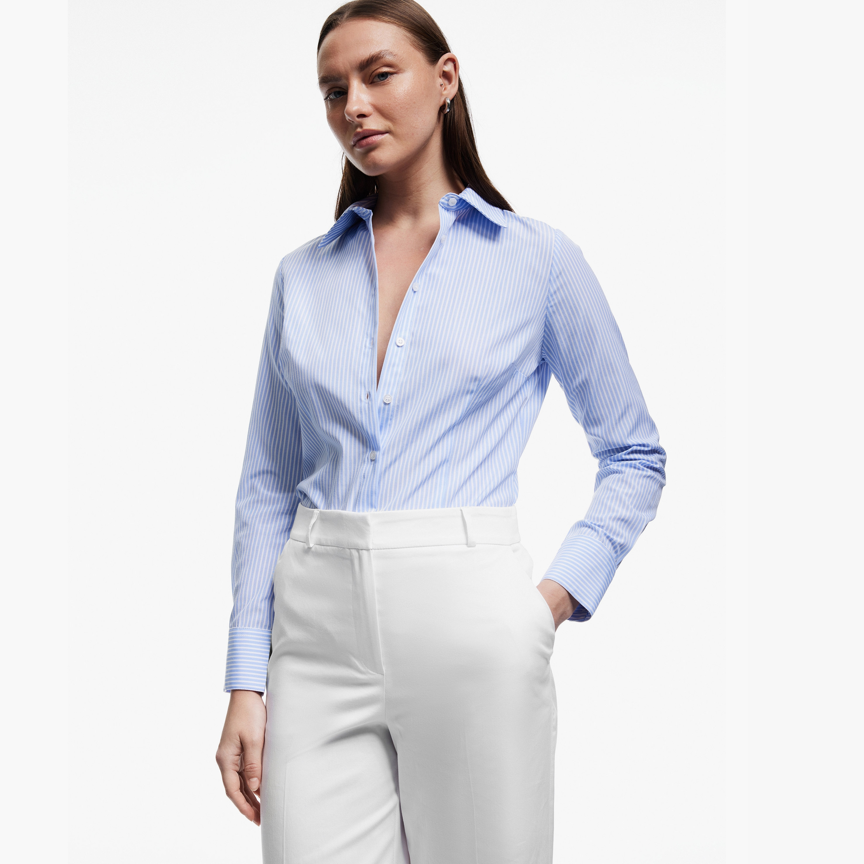 KOTON Blue Striped Pointed Collared Women's Shirt-women-clothing-shirtsandblouses-shirts-image-1