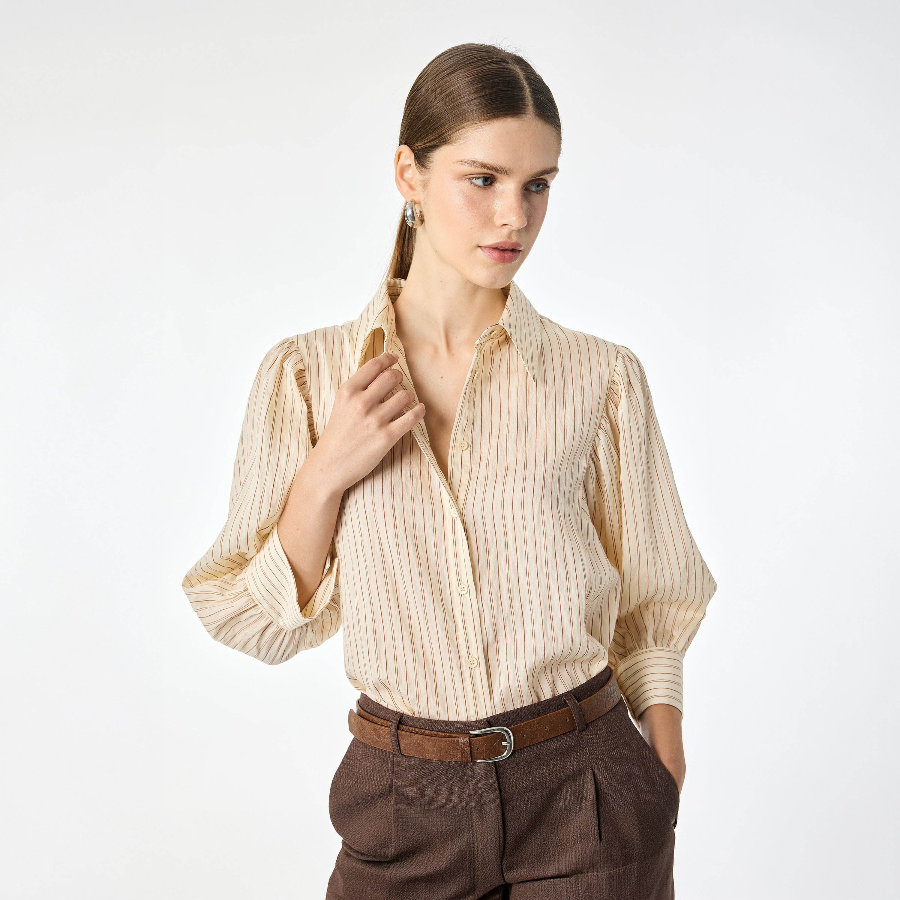 KOTON Beige Striped Poplin Collared Puff Sleeves Women's Shirt-women-clothing-shirtsandblouses-shirts-image-1