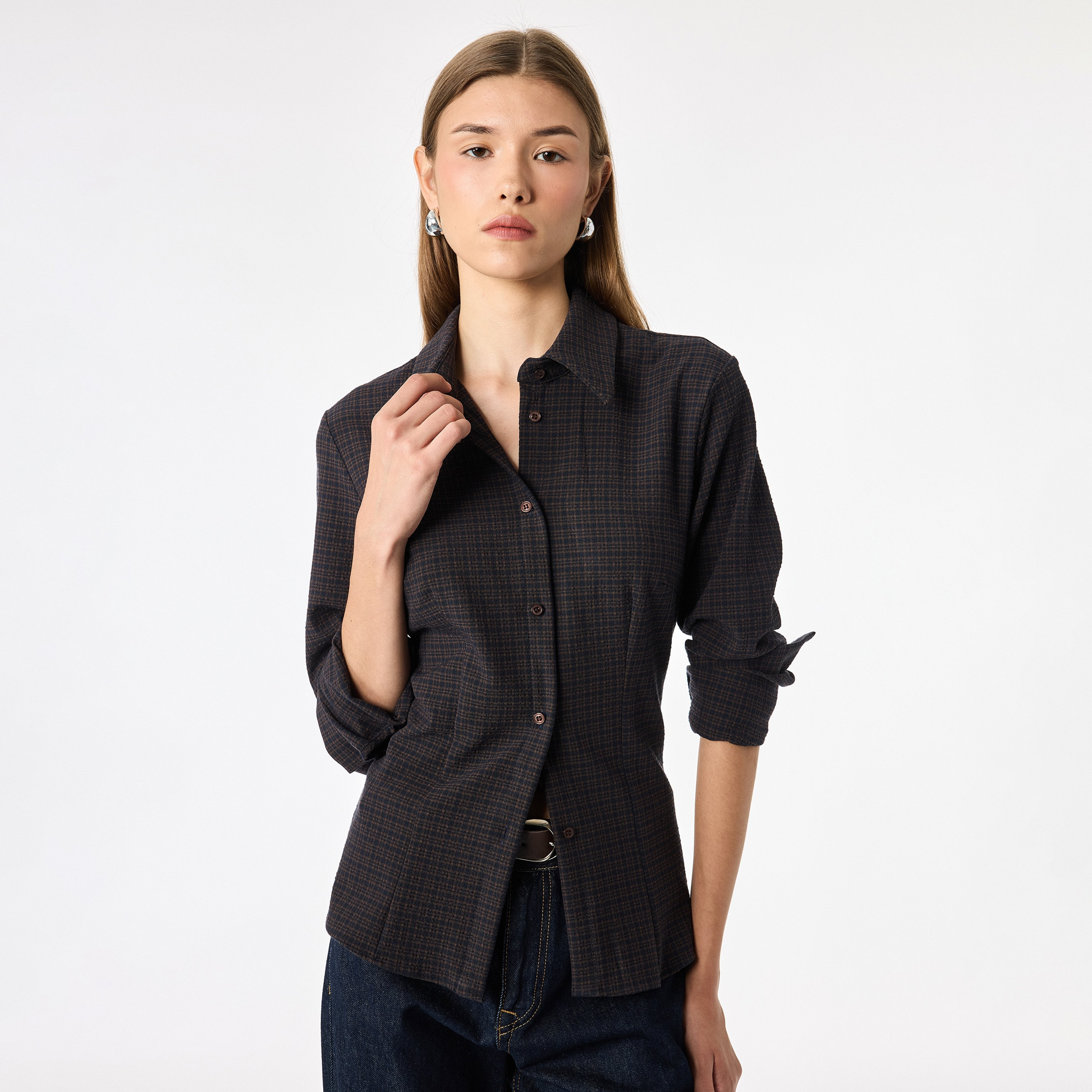KOTON Dark Brown Checked Pointed Collared Women's Shirt-women-clothing-shirtsandblouses-shirts-image-1