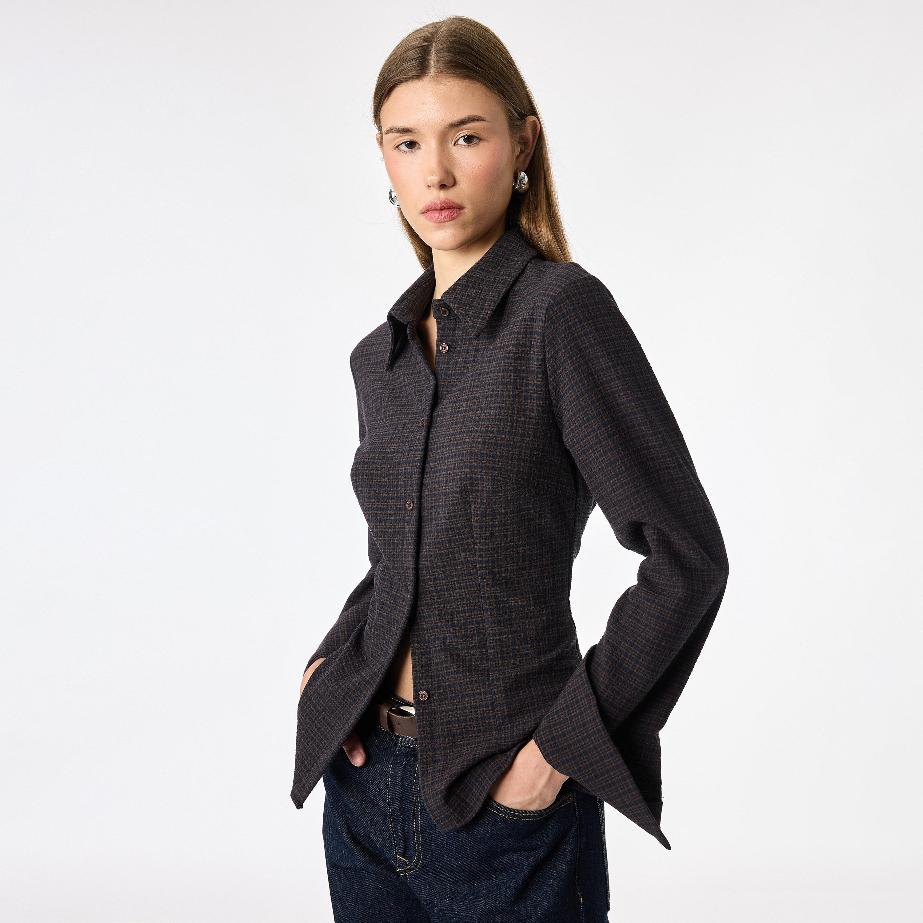 KOTON Dark Brown Checked Pointed Collared Women's Shirt-women-clothing-shirtsandblouses-shirts-image-3