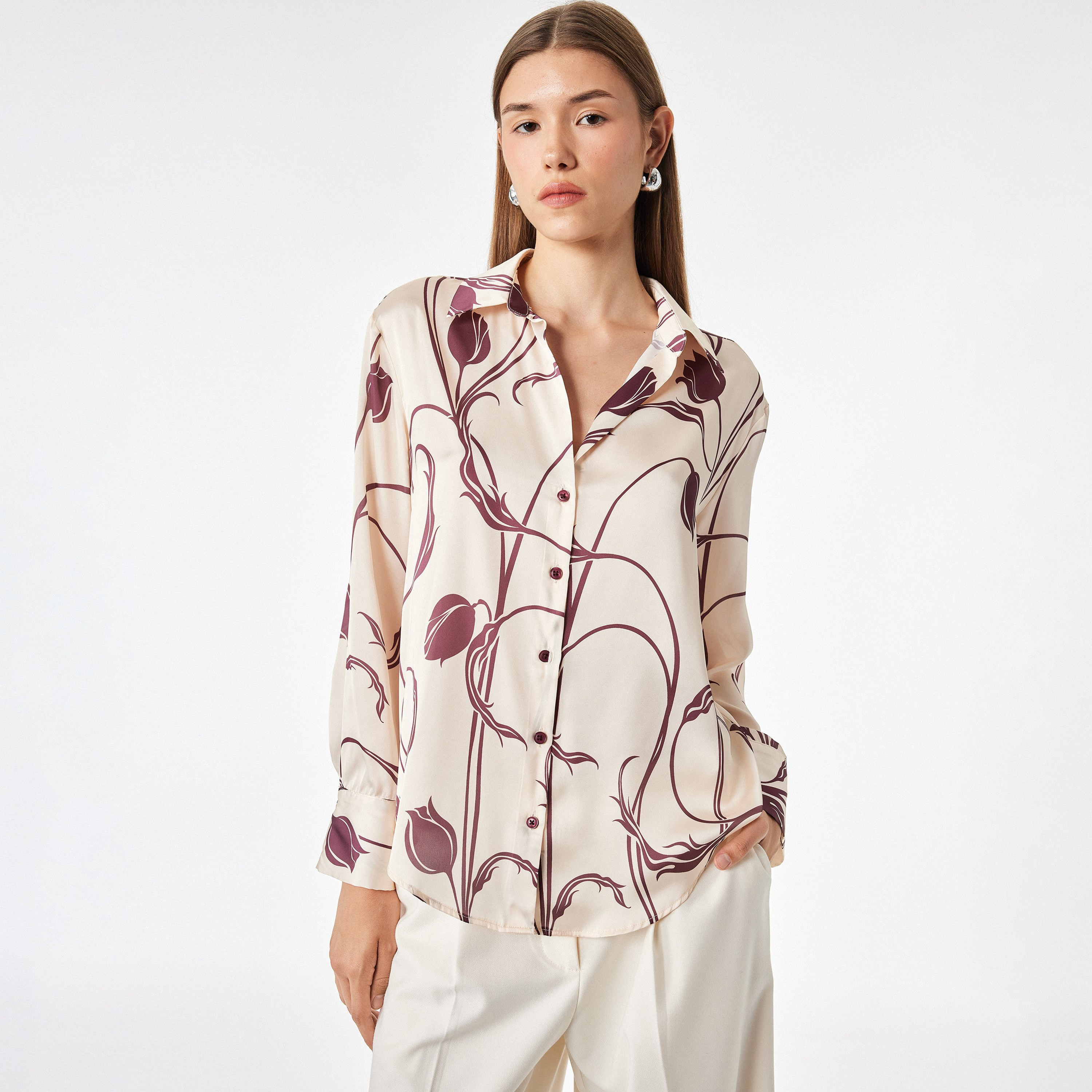 KOTON Cream Floral Print Collared Women's Shirt-women-clothing-shirtsandblouses-shirts-image-1