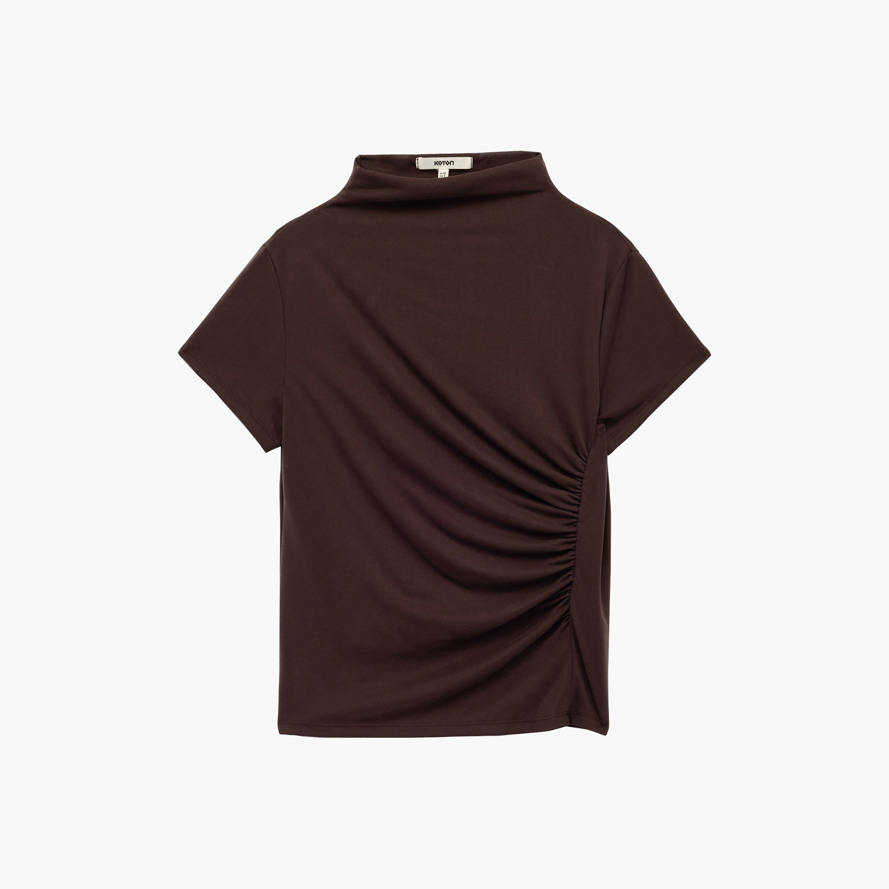 توب حريمي بفتحة رقبة مرتفعة وكشكشة باللون البني الداكن من كوتون-women-clothing-shirtsandblouses-blouses-image-4