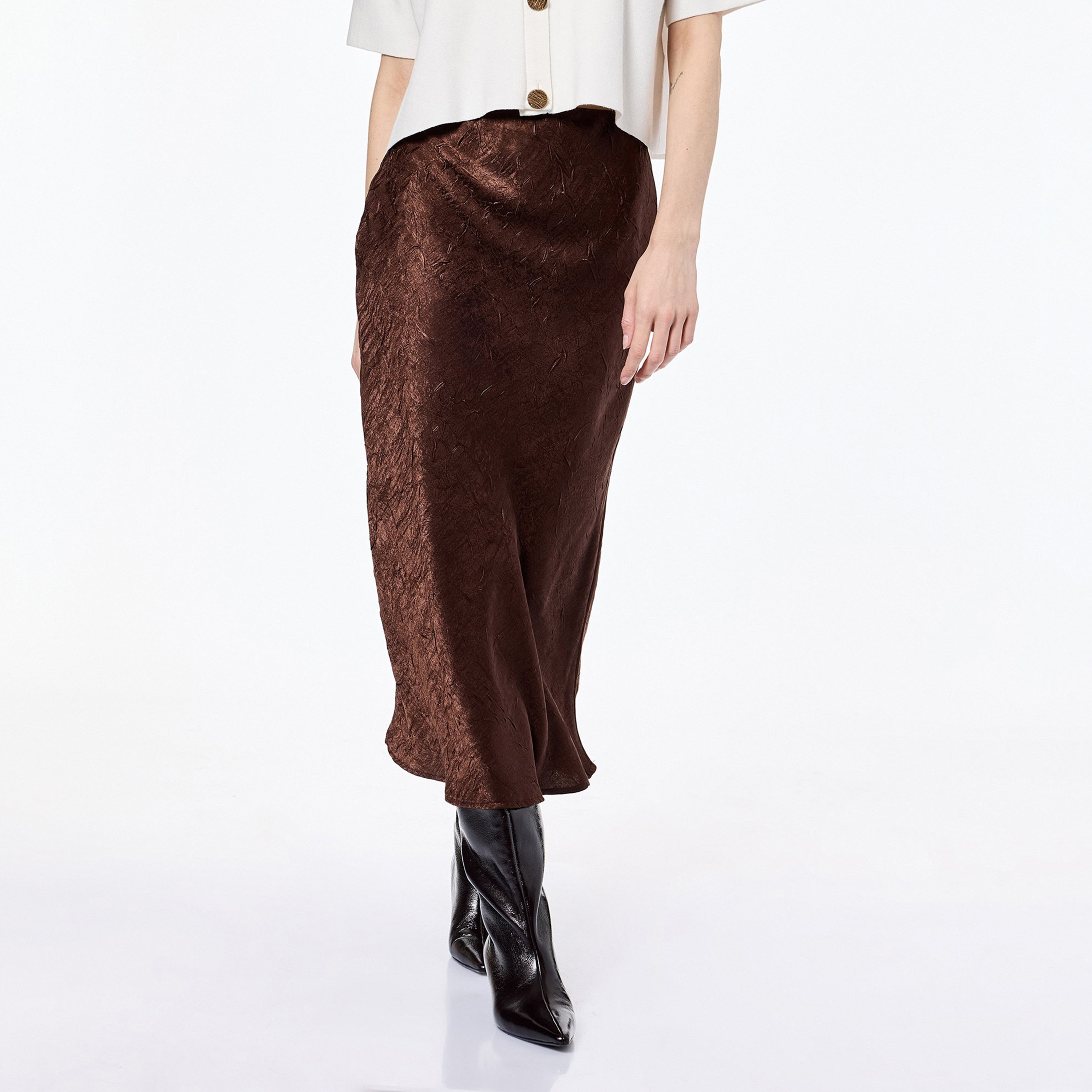 KOTON Dark Brown Crinkled Satin High-Rise A-Line Women's Skirt-women-clothing-skirts-image-1