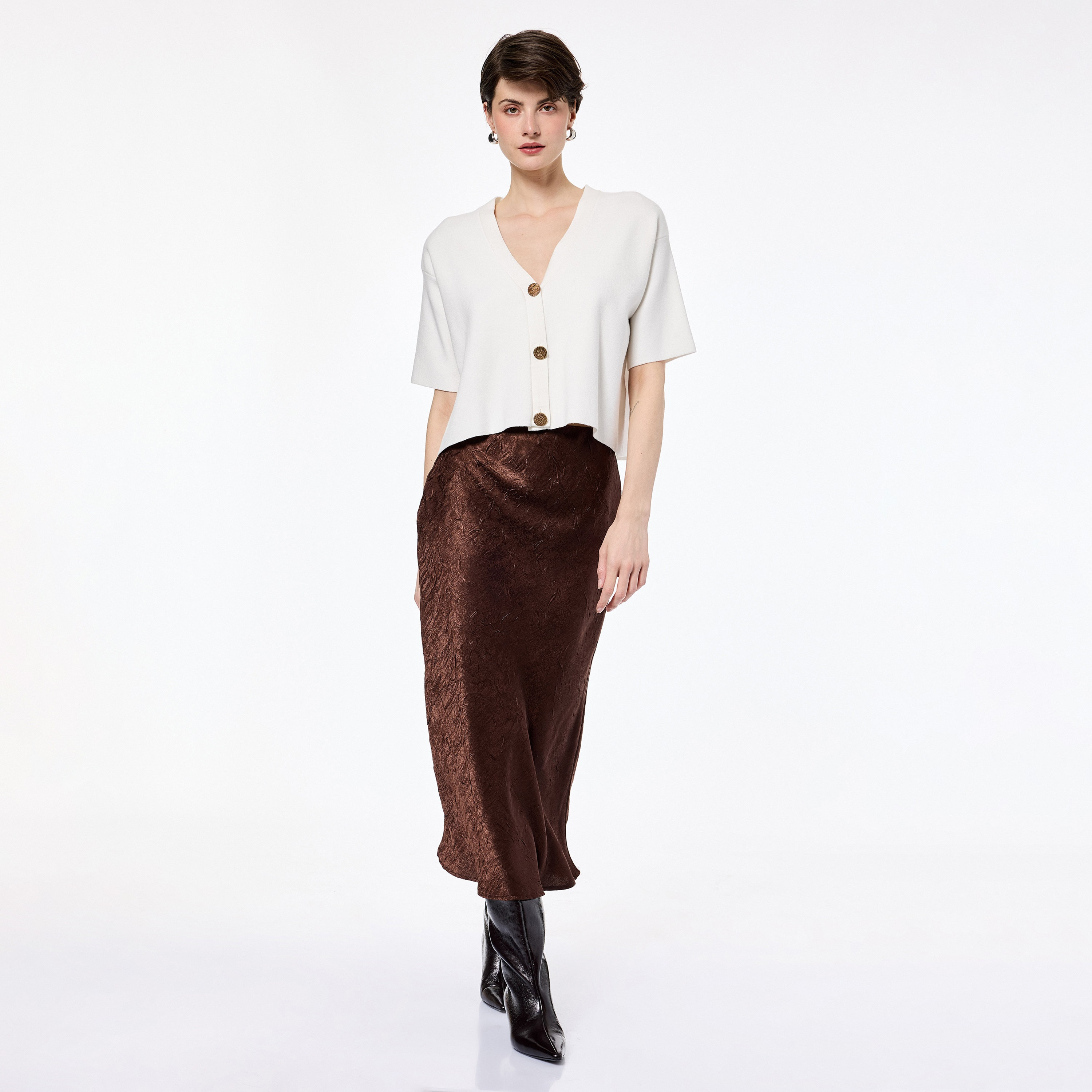 KOTON Dark Brown Crinkled Satin High-Rise A-Line Women's Skirt-women-clothing-skirts-image-2