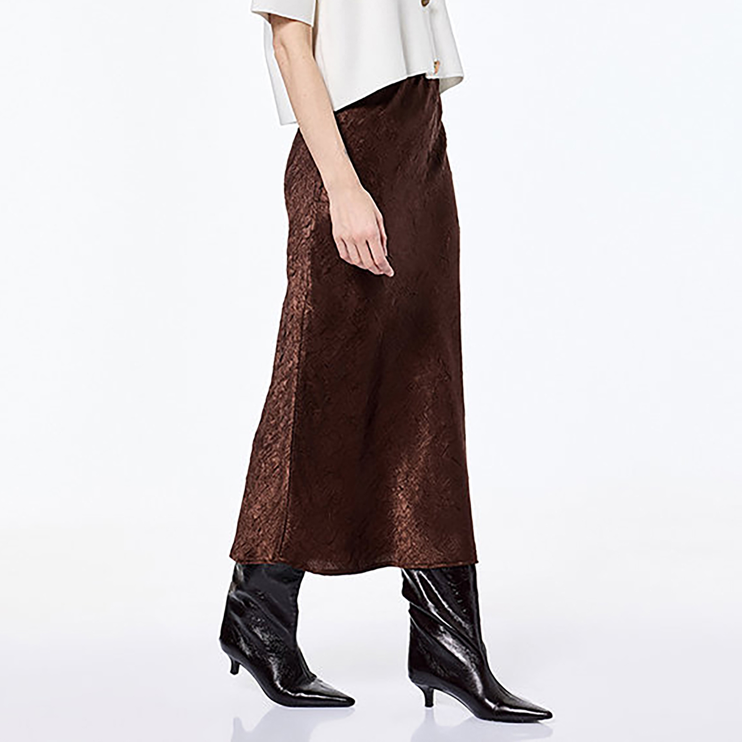KOTON Dark Brown Crinkled Satin High-Rise A-Line Women's Skirt-women-clothing-skirts-image-3