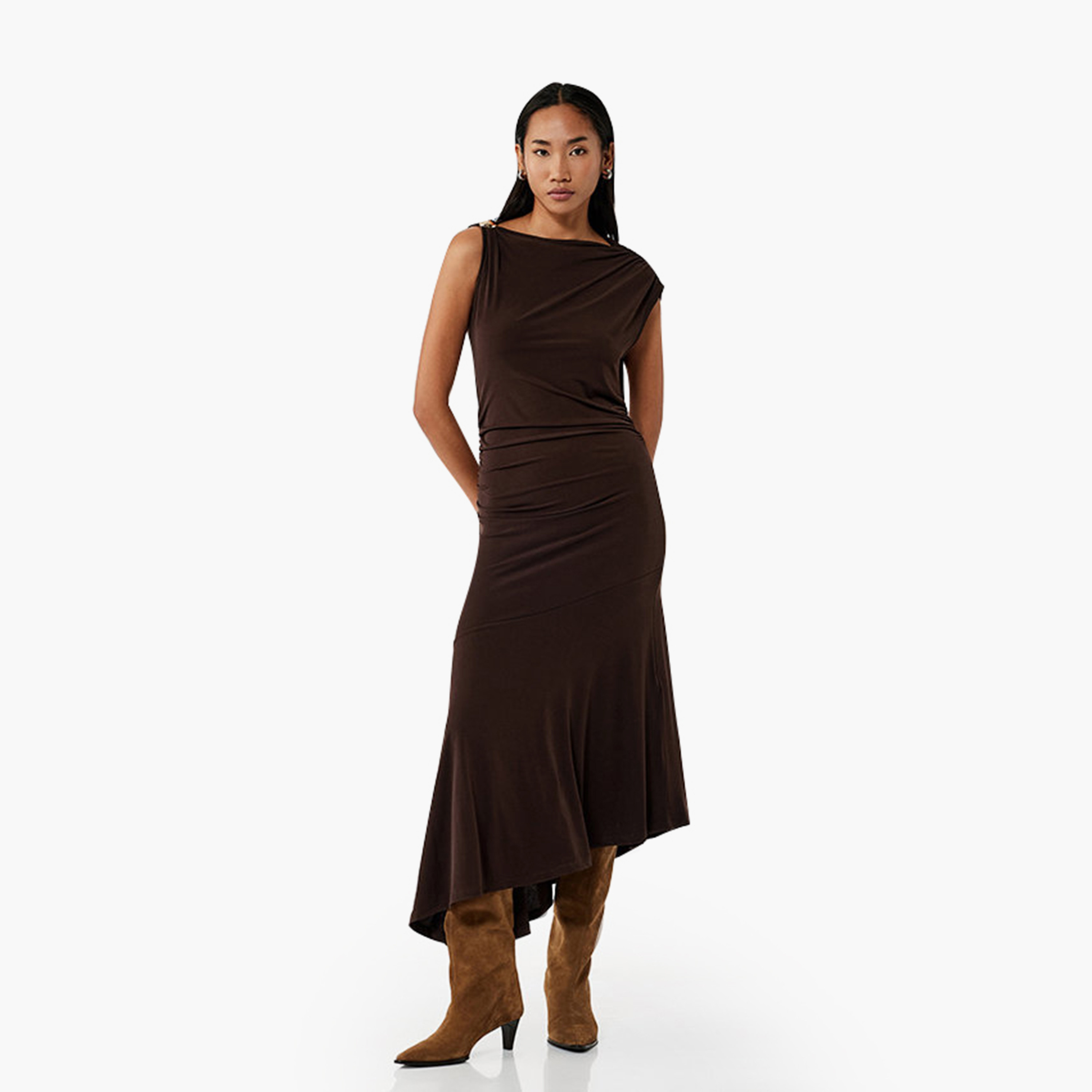 KOTON Dark Brown Ruched Asymmetric Neck Women's Midi Dress-women-clothing-dresses-image-1