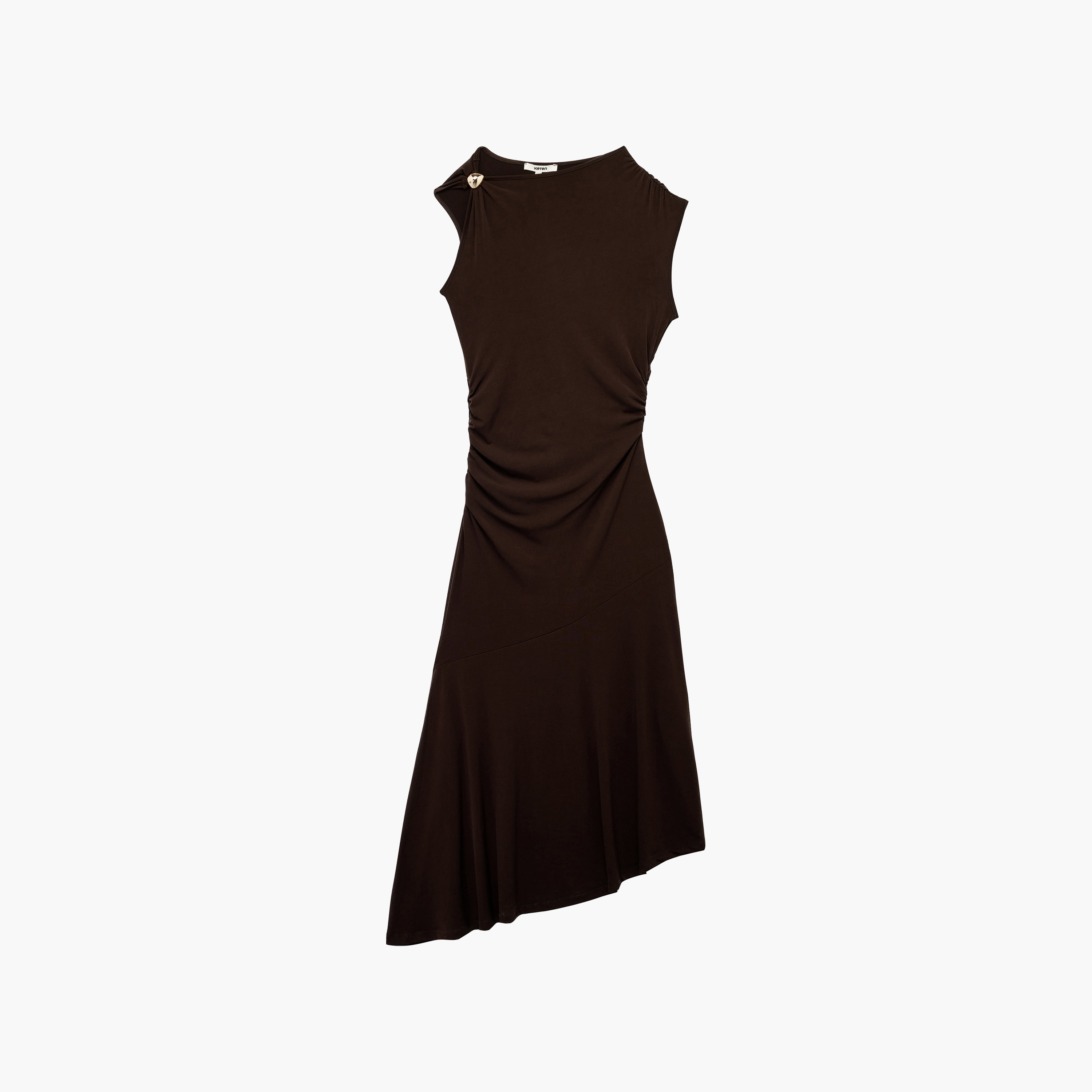 فستان ميدي حريمي بفتحة رقبة غير متناظرة وكشكشة باللون البني الداكن من كوتون-women-clothing-dresses-image-4