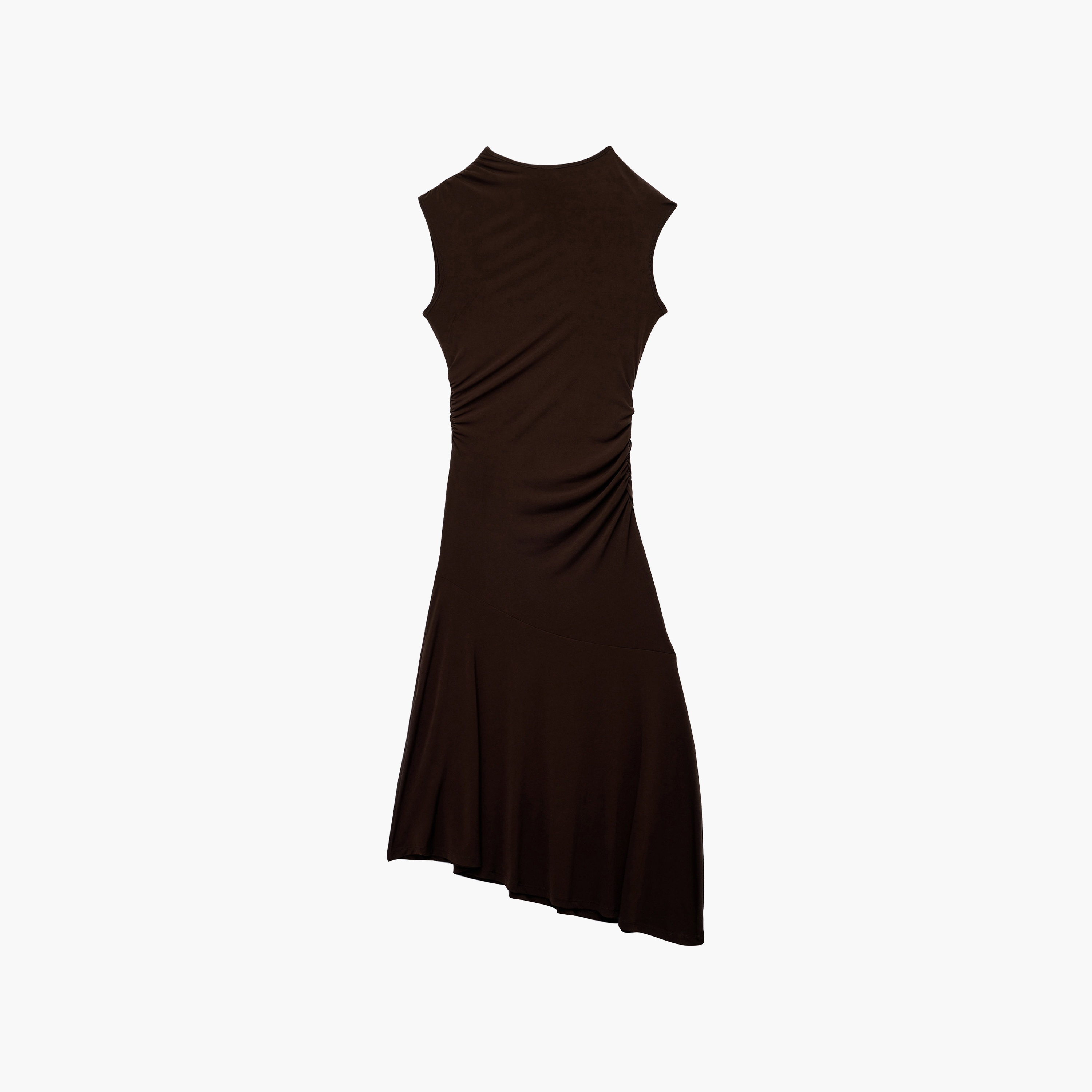 فستان ميدي حريمي بفتحة رقبة غير متناظرة وكشكشة باللون البني الداكن من كوتون-women-clothing-dresses-image-5