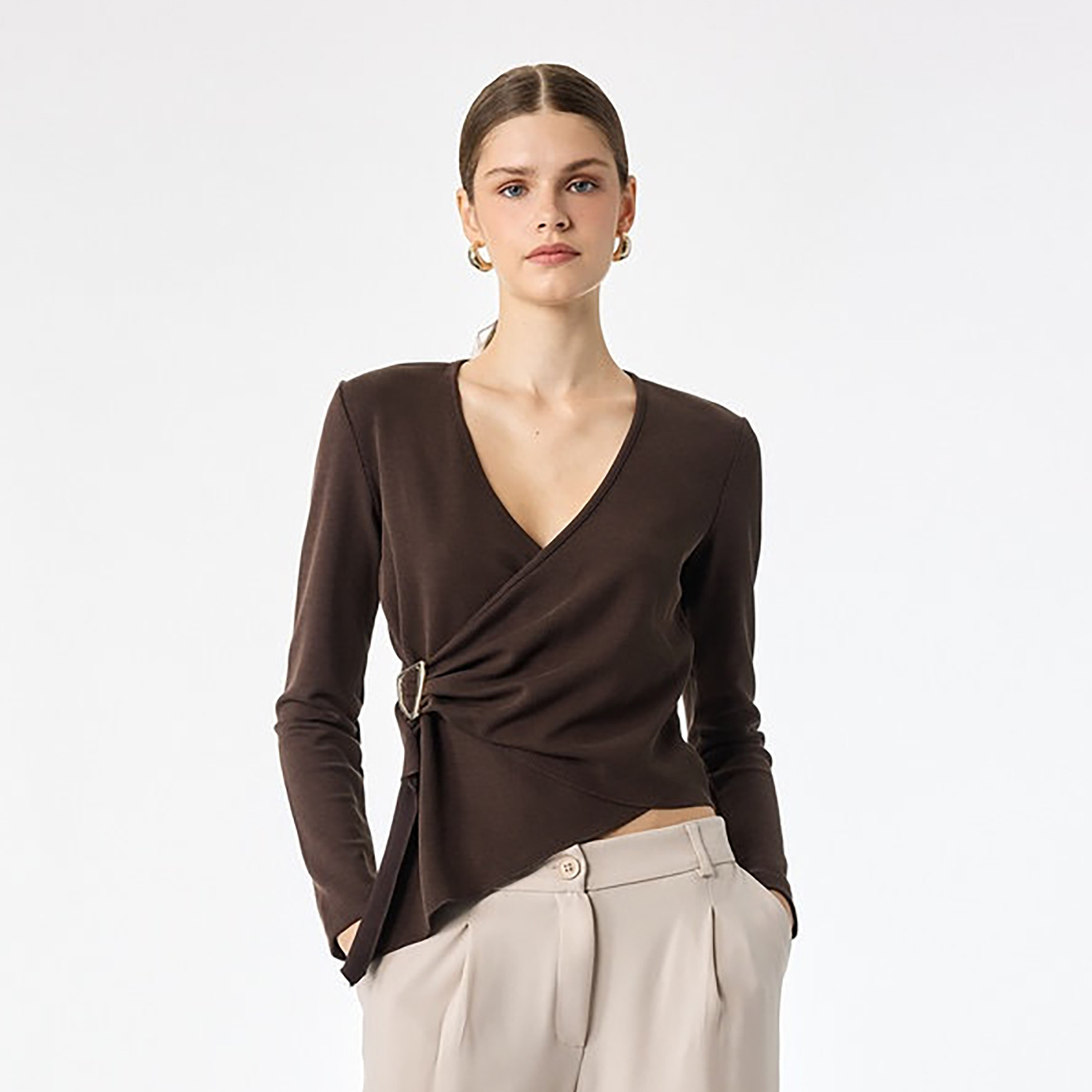 KOTON Dark Brown Surplice Neck Women's Wrap Top-women-clothing-shirtsandblouses-blouses-image-1