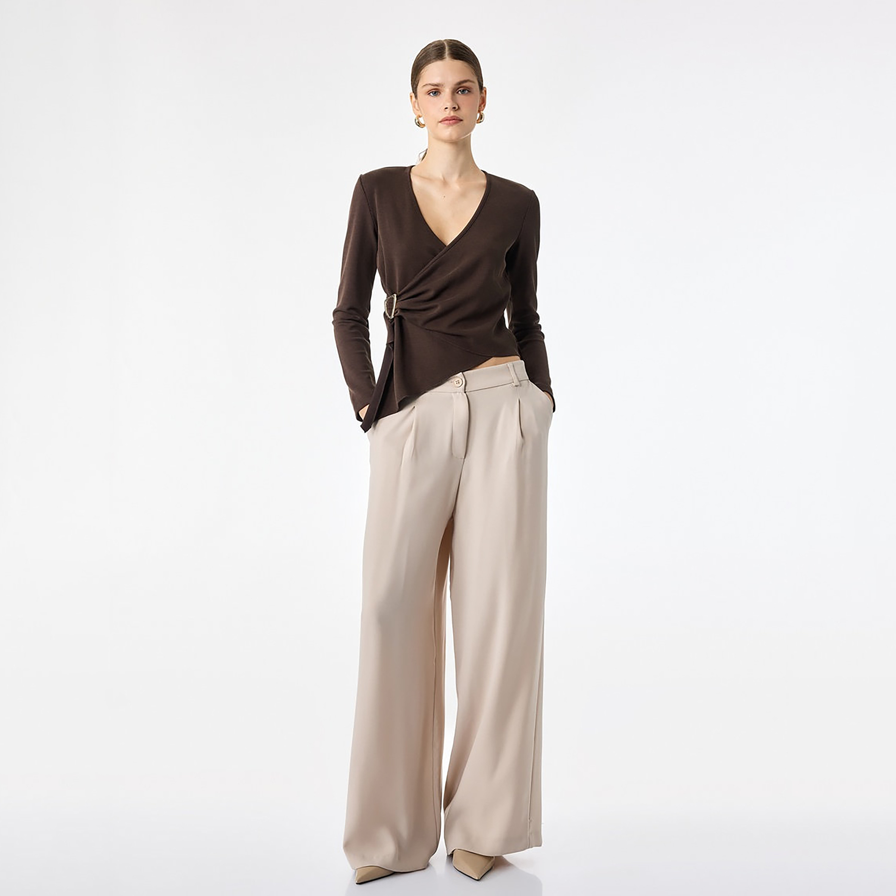 KOTON Dark Brown Surplice Neck Women's Wrap Top-women-clothing-shirtsandblouses-blouses-image-2