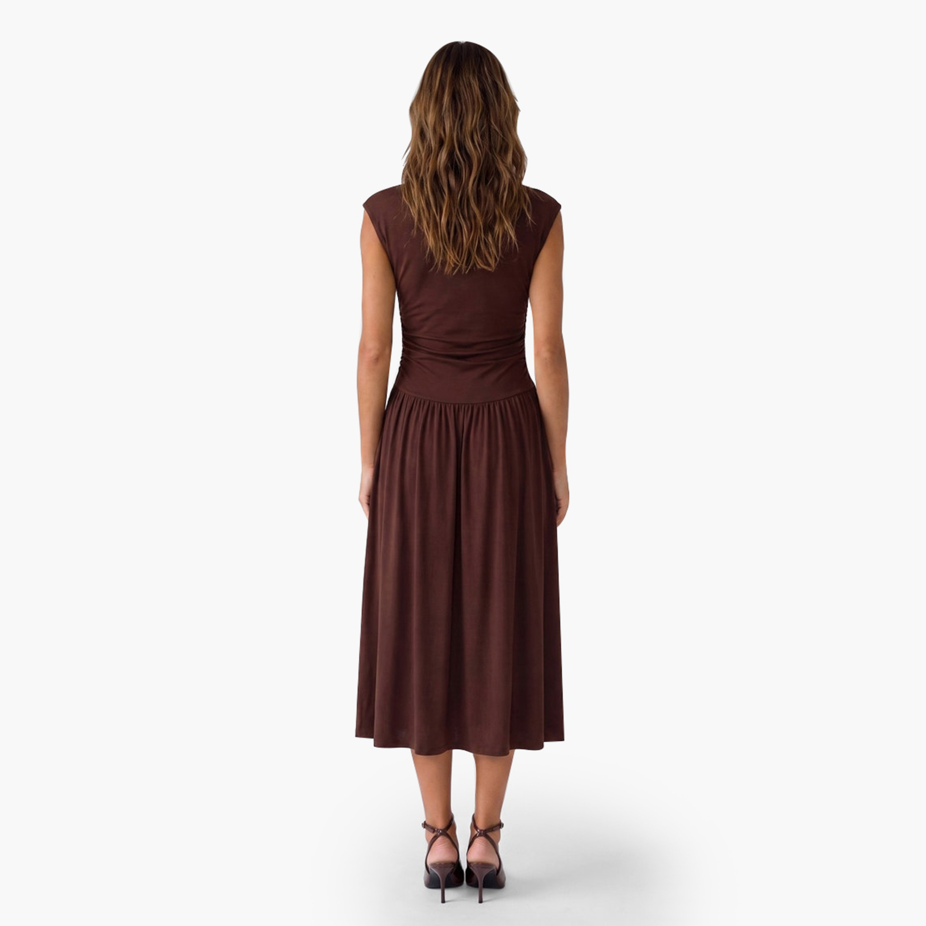 KOTON Brown Ruched Cap Sleeves Women's Midi Dress-women-clothing-dresses-image-3