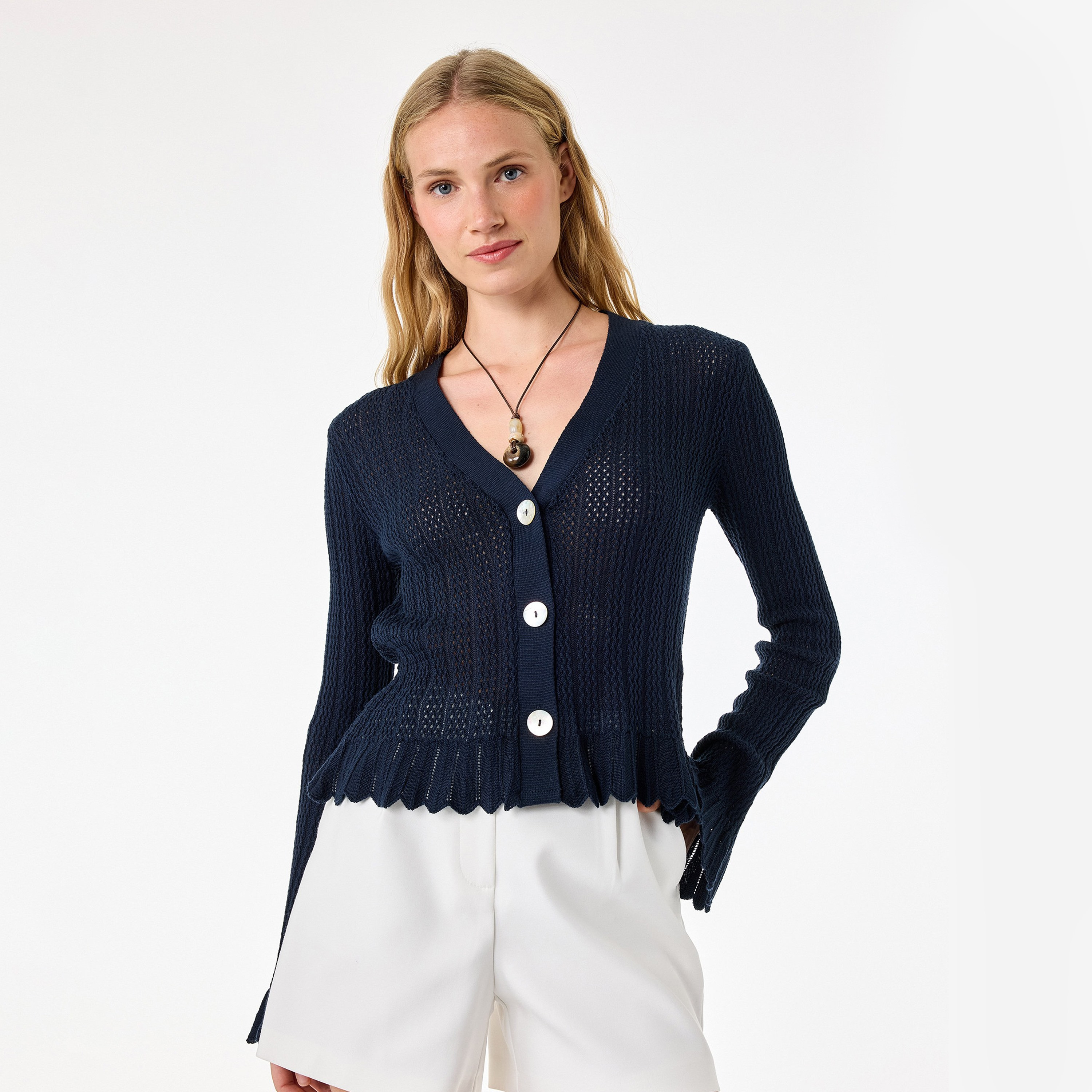 كارديجان حريمي بنسيج مفرغ (بوانتيل) بارز الملمس وأكمام جرس باللون الكحلي من كوتون-women-winterwear-cardigansandjumpers-cardigans-image-1