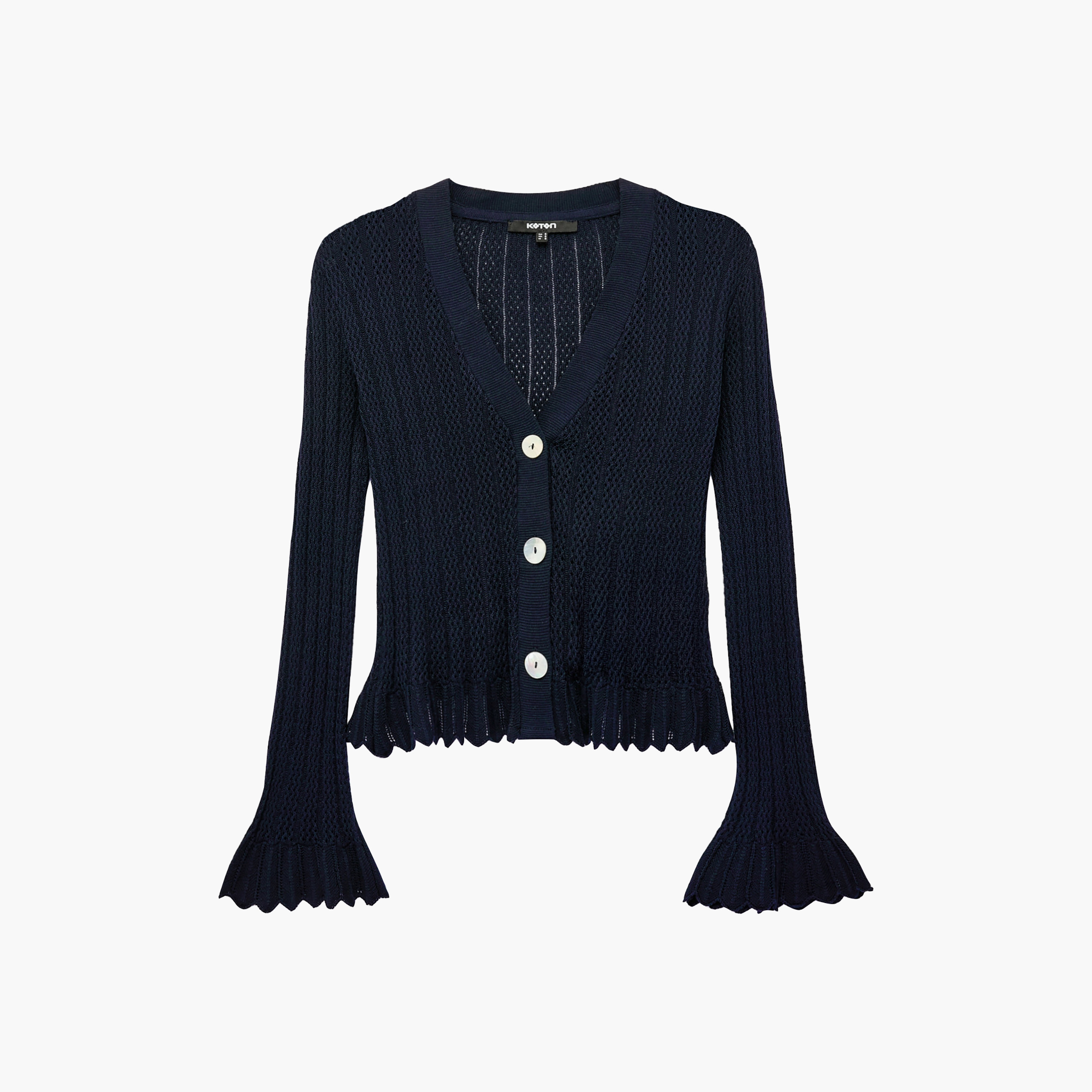 كارديجان حريمي بنسيج مفرغ (بوانتيل) بارز الملمس وأكمام جرس باللون الكحلي من كوتون-women-winterwear-cardigansandjumpers-cardigans-image-3
