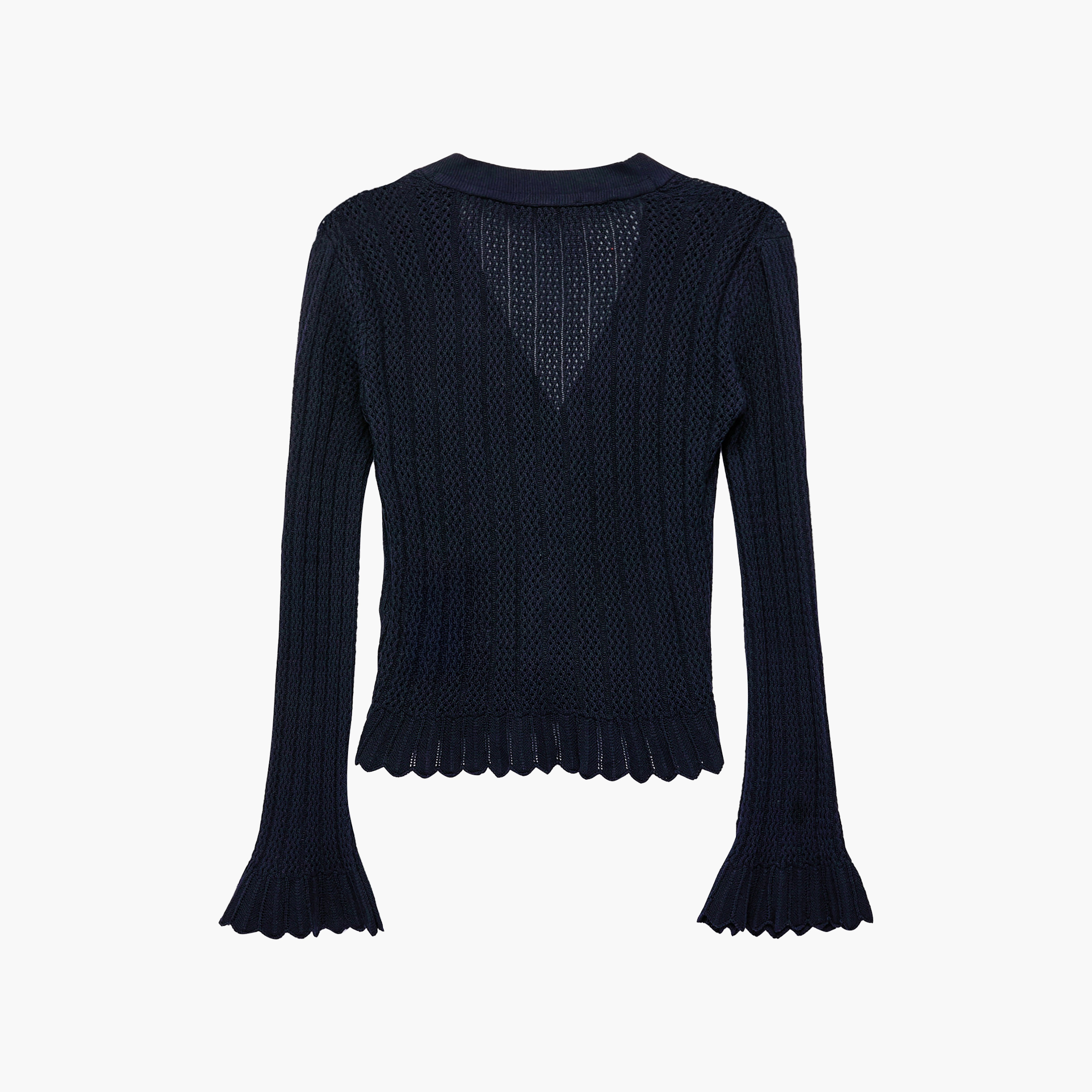 كارديجان حريمي بنسيج مفرغ (بوانتيل) بارز الملمس وأكمام جرس باللون الكحلي من كوتون-women-winterwear-cardigansandjumpers-cardigans-image-4