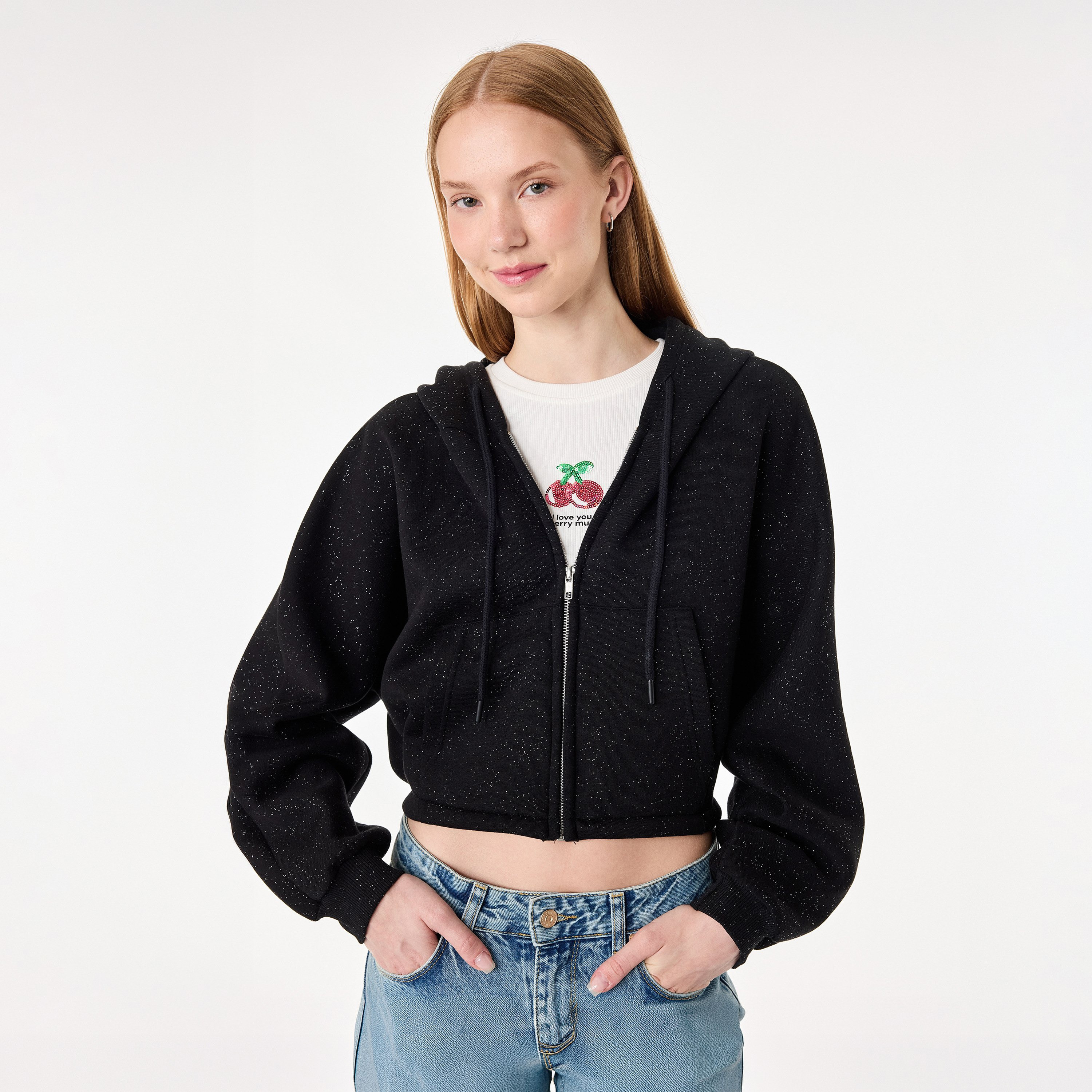 KOTON Black Speckled Print Hooded Women's Cropped Zip Through Sweatshirt-women-clothing-hoodiesandsweatshirts-sweatshirts-image-1