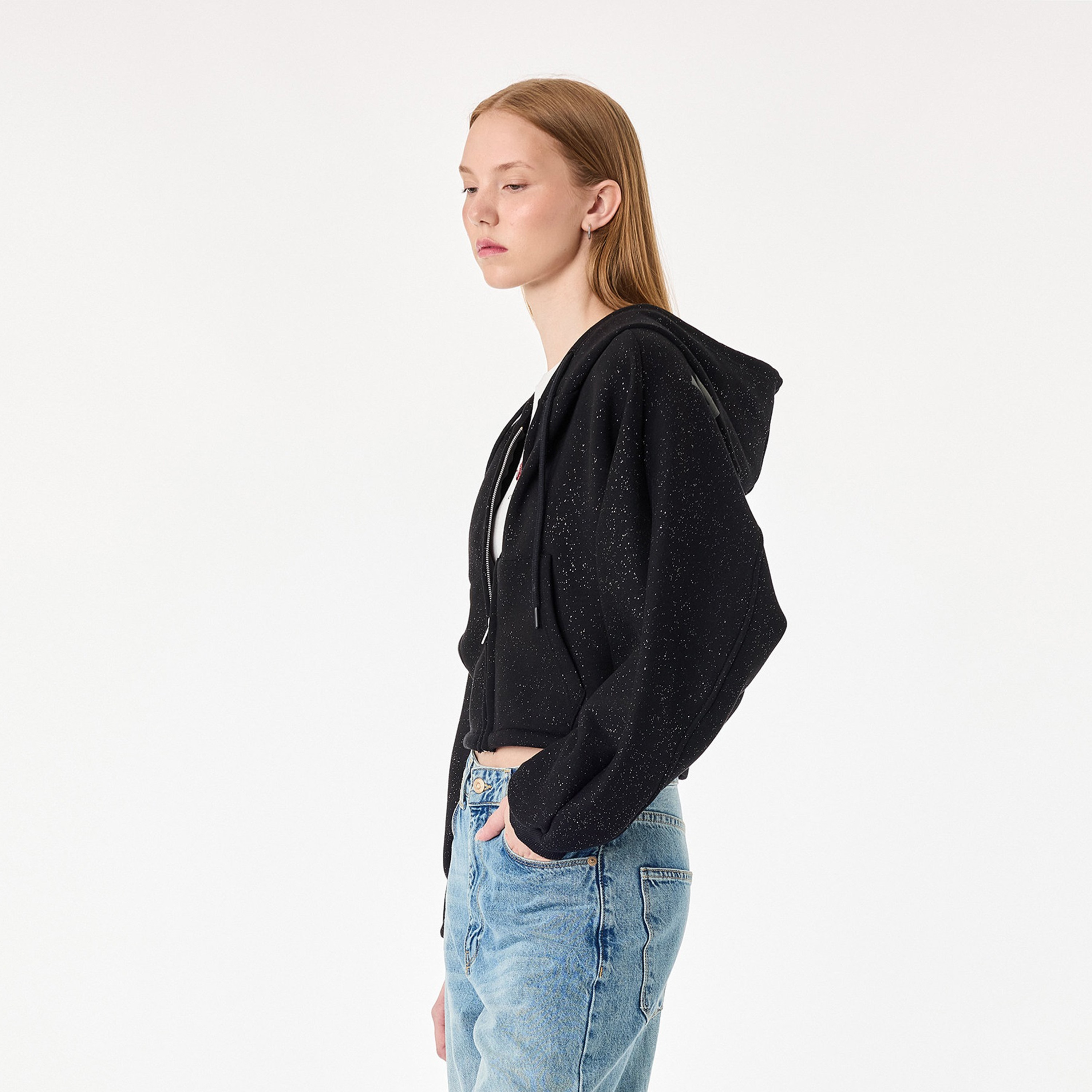 KOTON Black Speckled Print Hooded Women's Cropped Zip Through Sweatshirt-women-clothing-hoodiesandsweatshirts-sweatshirts-image-3
